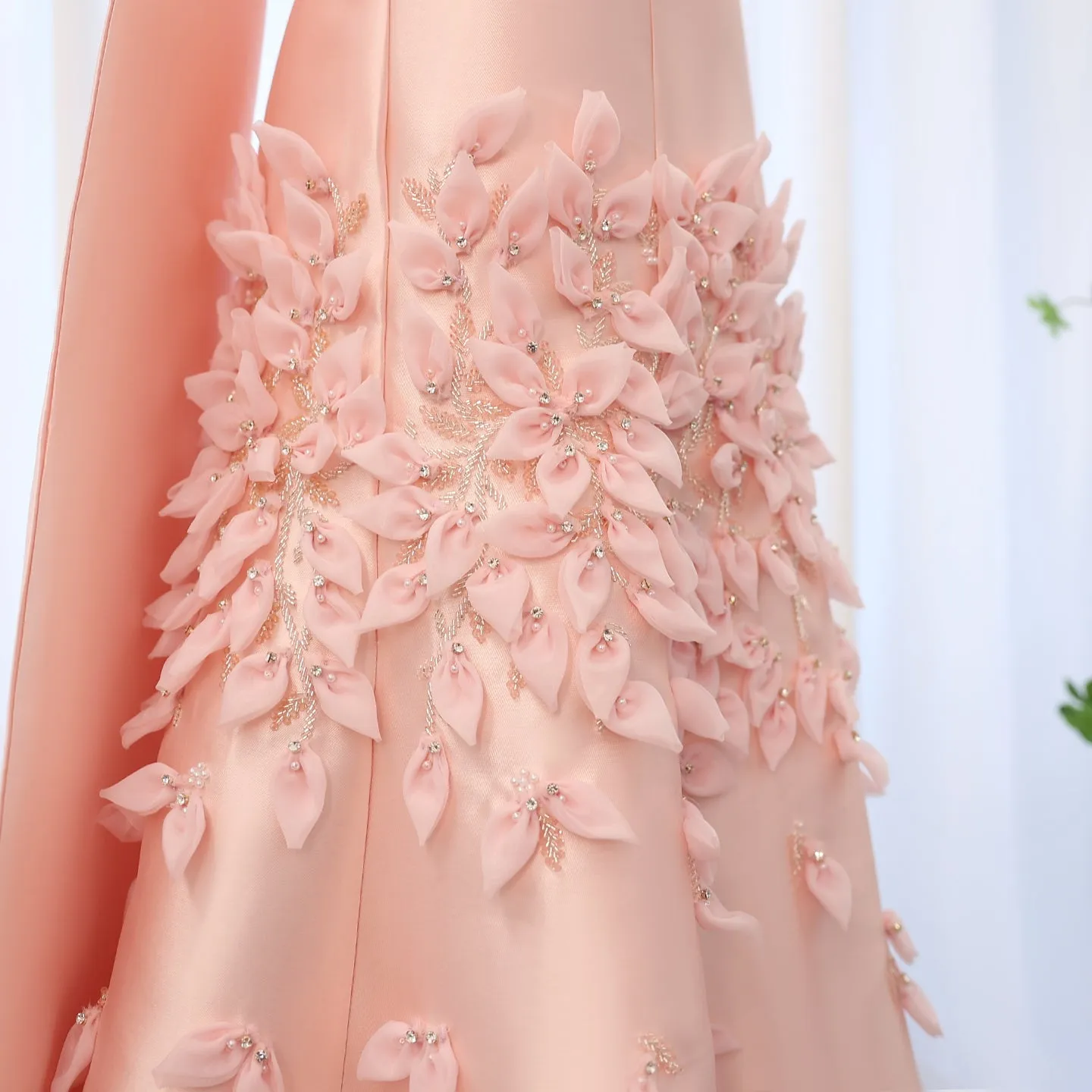 Luxury 3D Leaves Pink Satin Evening Dress with Cape SS463