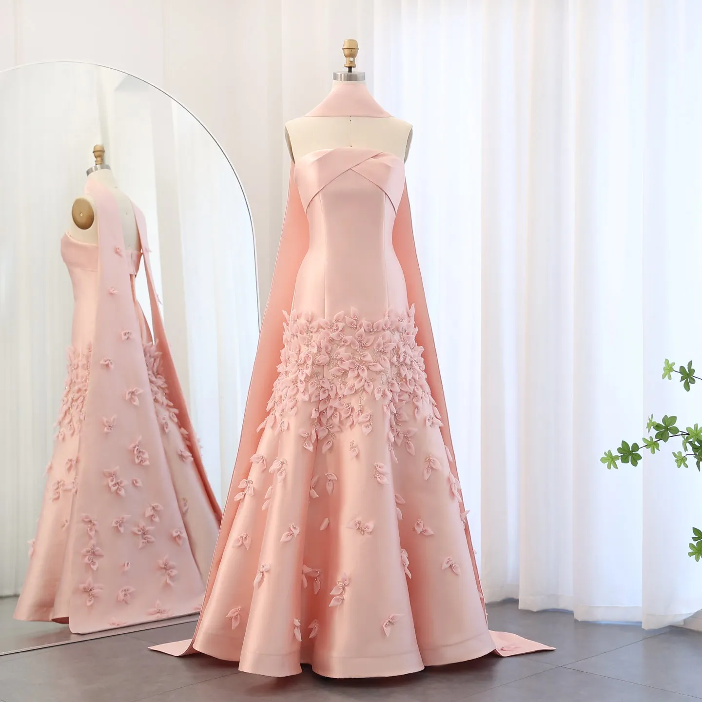 Luxury 3D Leaves Pink Satin Evening Dress with Cape SS463