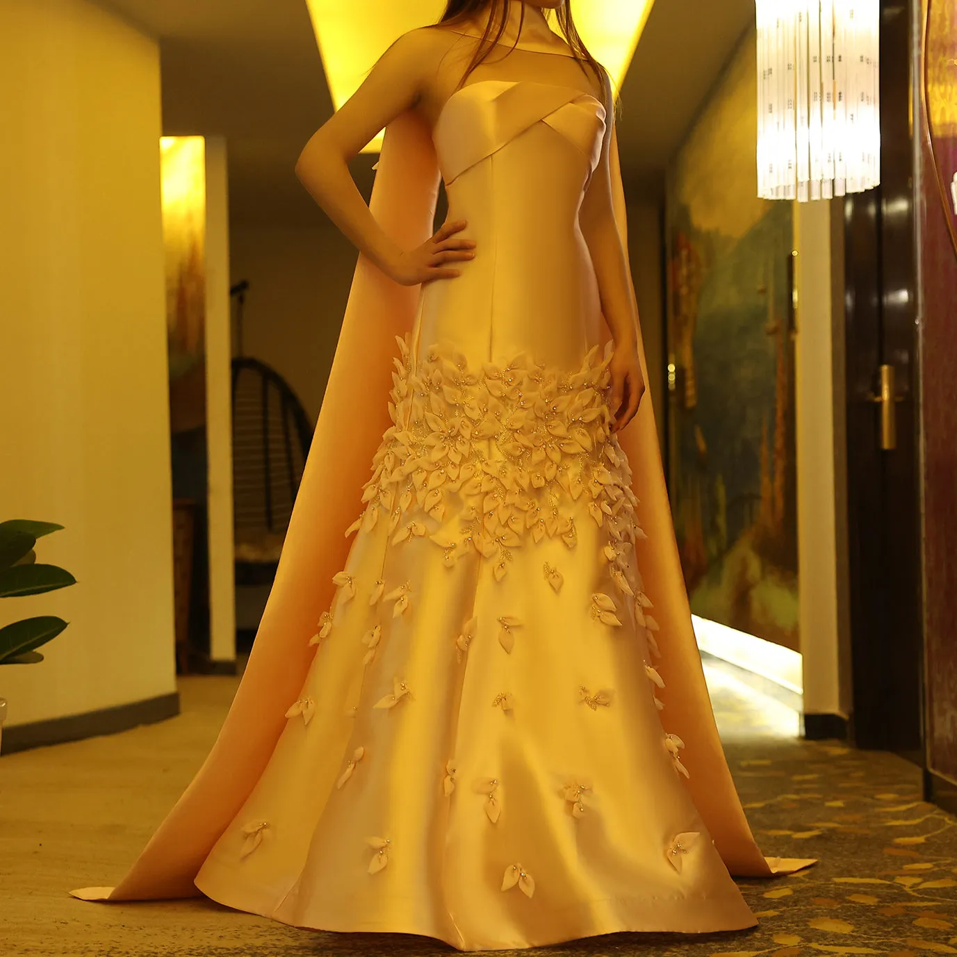 Luxury 3D Leaves Pink Satin Evening Dress with Cape SS463