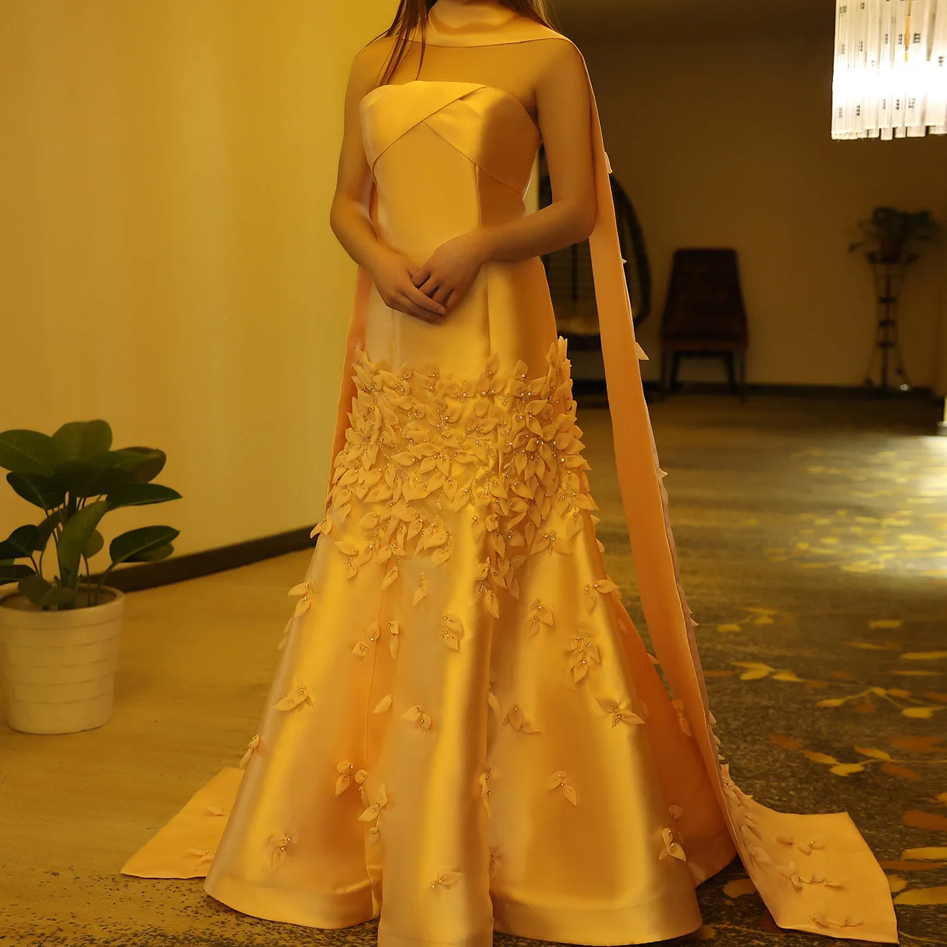 Luxury 3D Leaves Pink Satin Evening Dress with Cape SS463