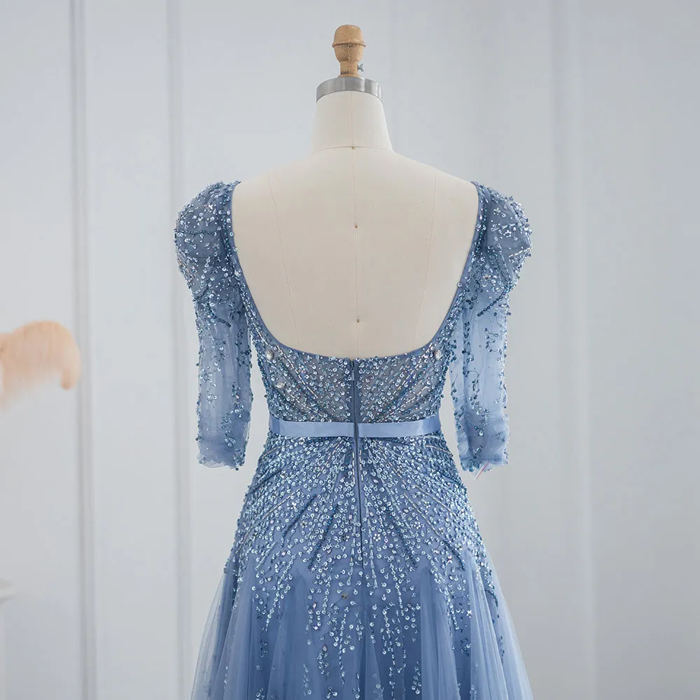 Luxury Beaded Blue Evening Dress with Half Sleeves SS240