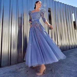 Luxury Beaded Blue Evening Dress with Half Sleeves SS240