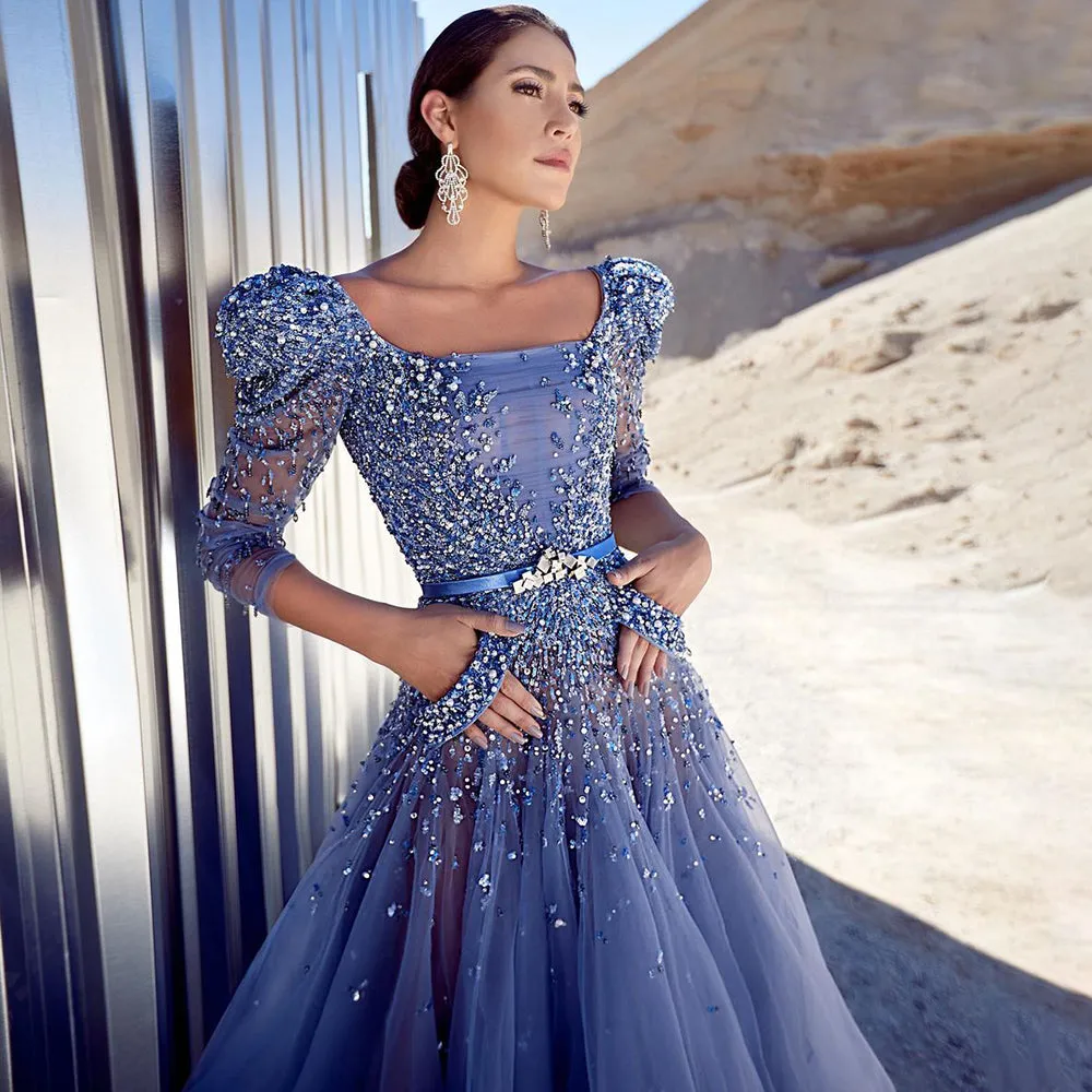 Luxury Beaded Blue Evening Dress with Half Sleeves SS240