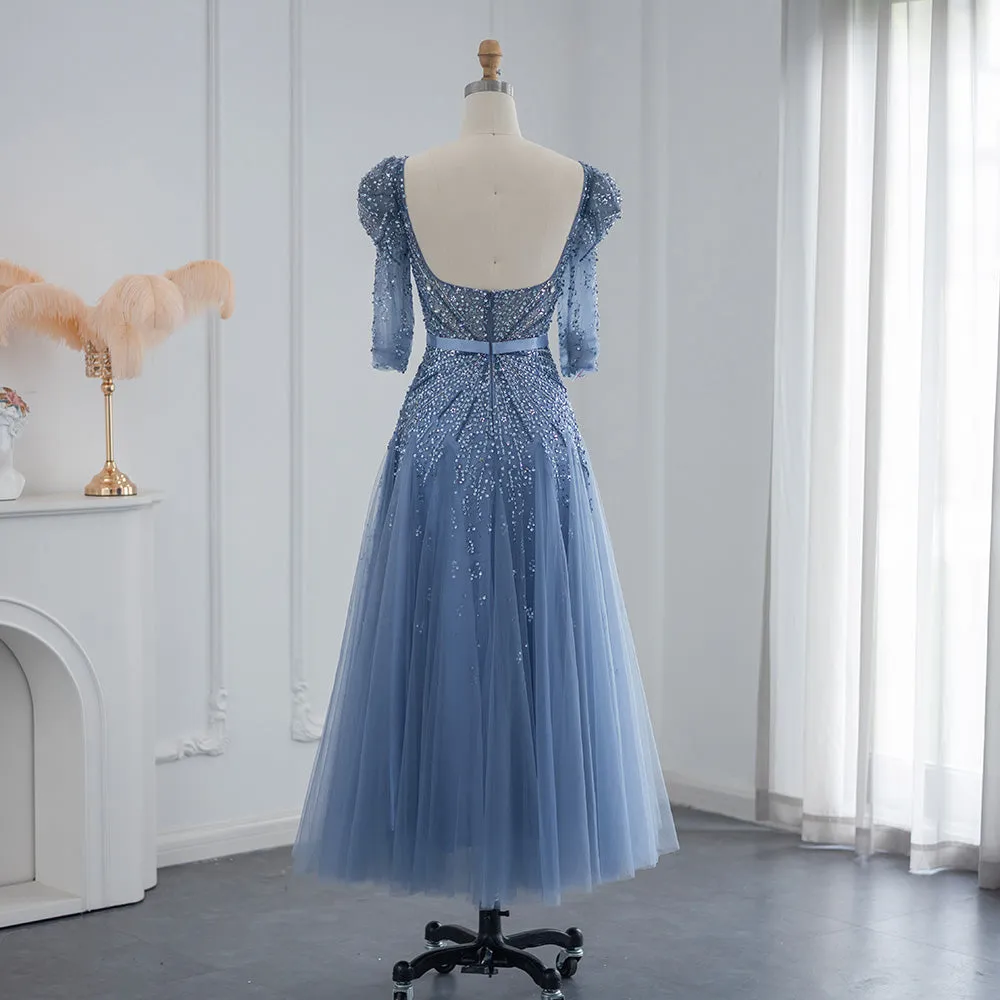 Luxury Beaded Blue Evening Dress with Half Sleeves SS240