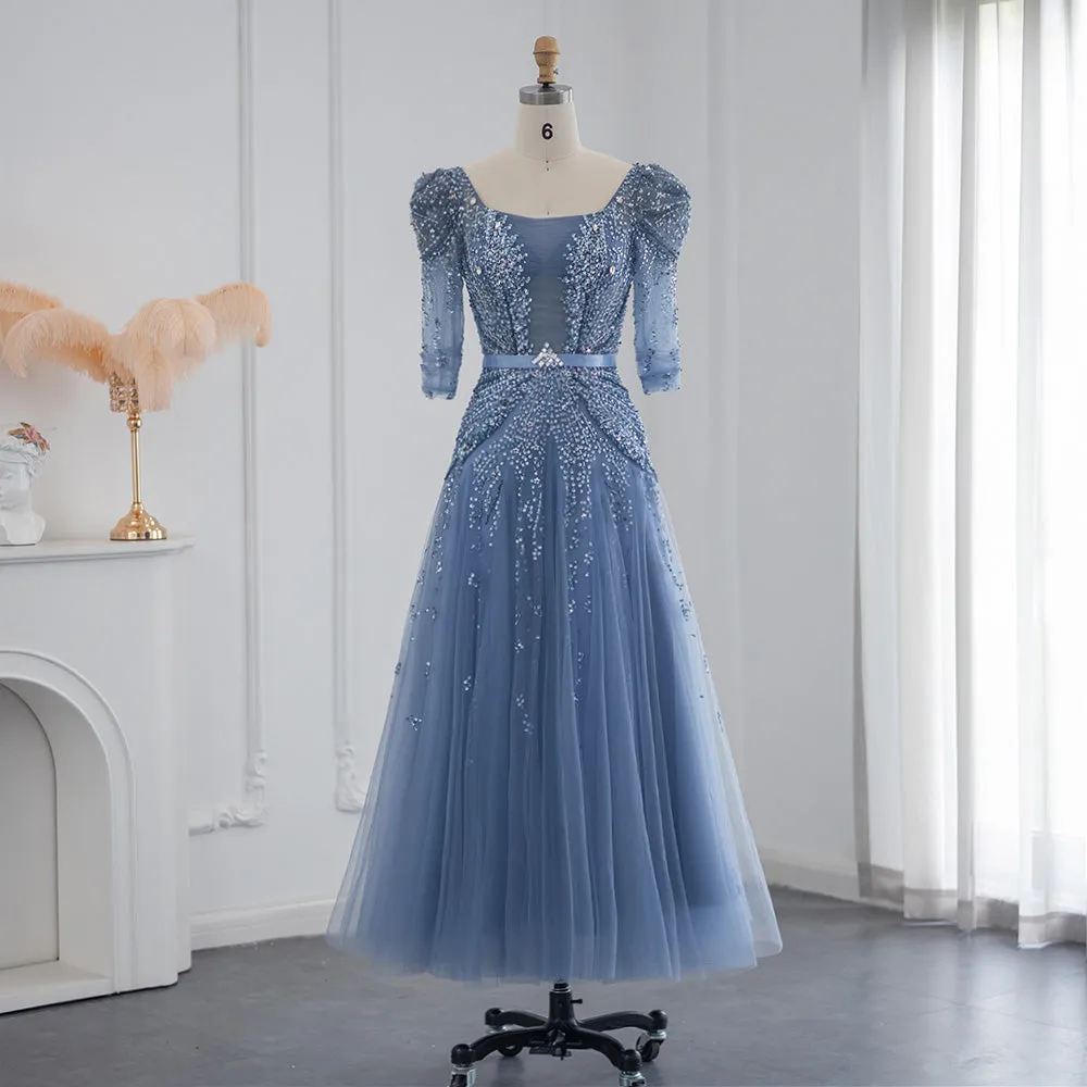 Luxury Beaded Blue Evening Dress with Half Sleeves SS240