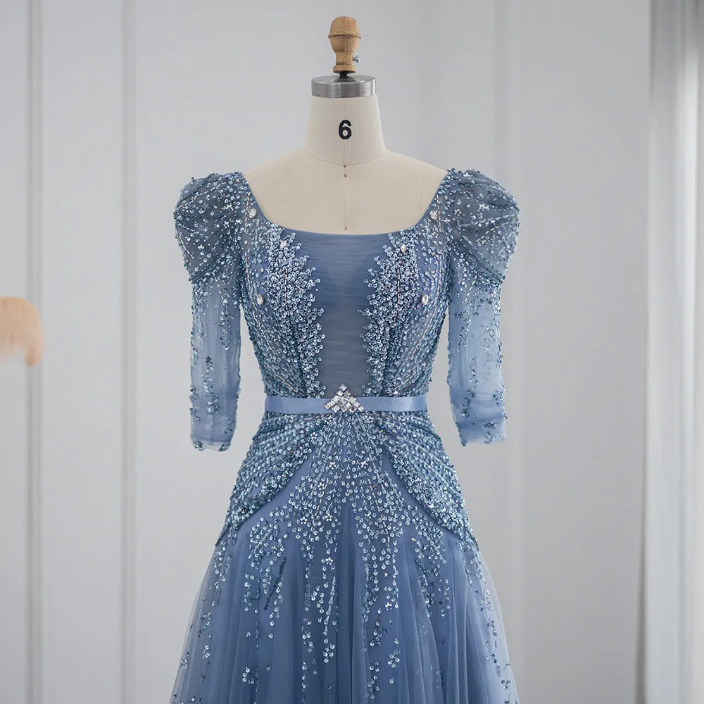 Luxury Beaded Blue Evening Dress with Half Sleeves SS240
