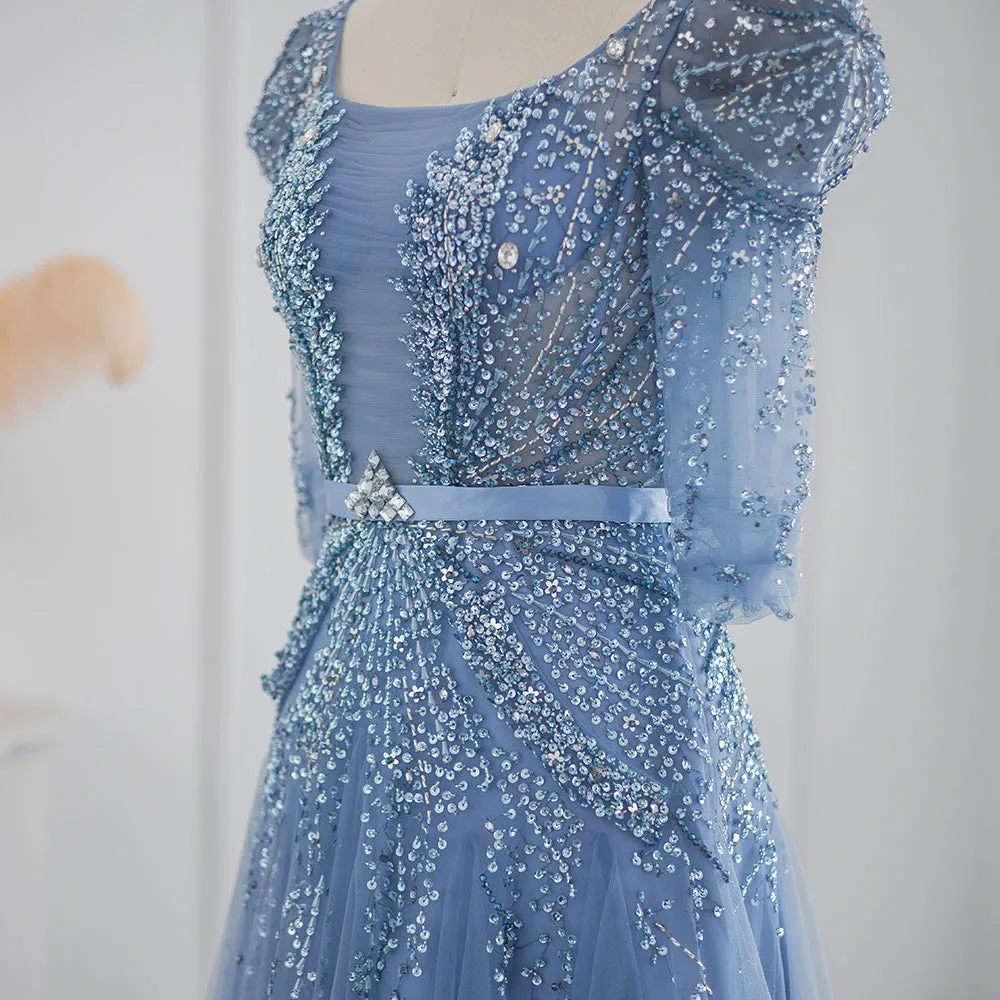 Luxury Beaded Blue Evening Dress with Half Sleeves SS240