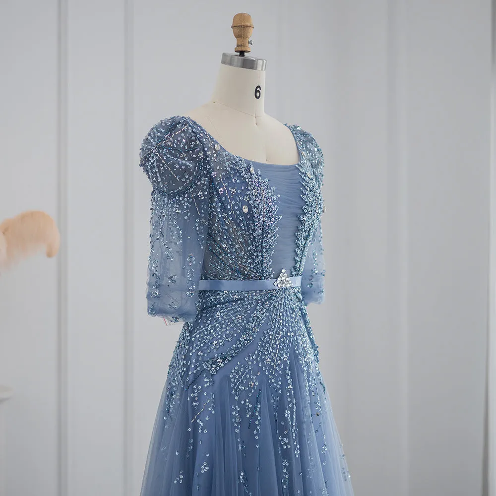 Luxury Beaded Blue Evening Dress with Half Sleeves SS240