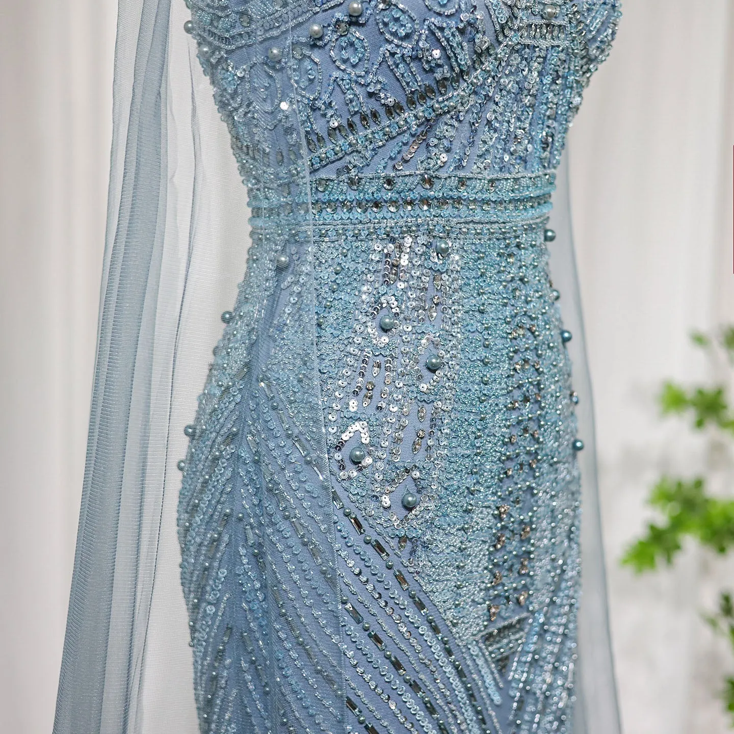 Luxury Beaded Blue Mermaid Evening Dress with Cape Sleeves SS195