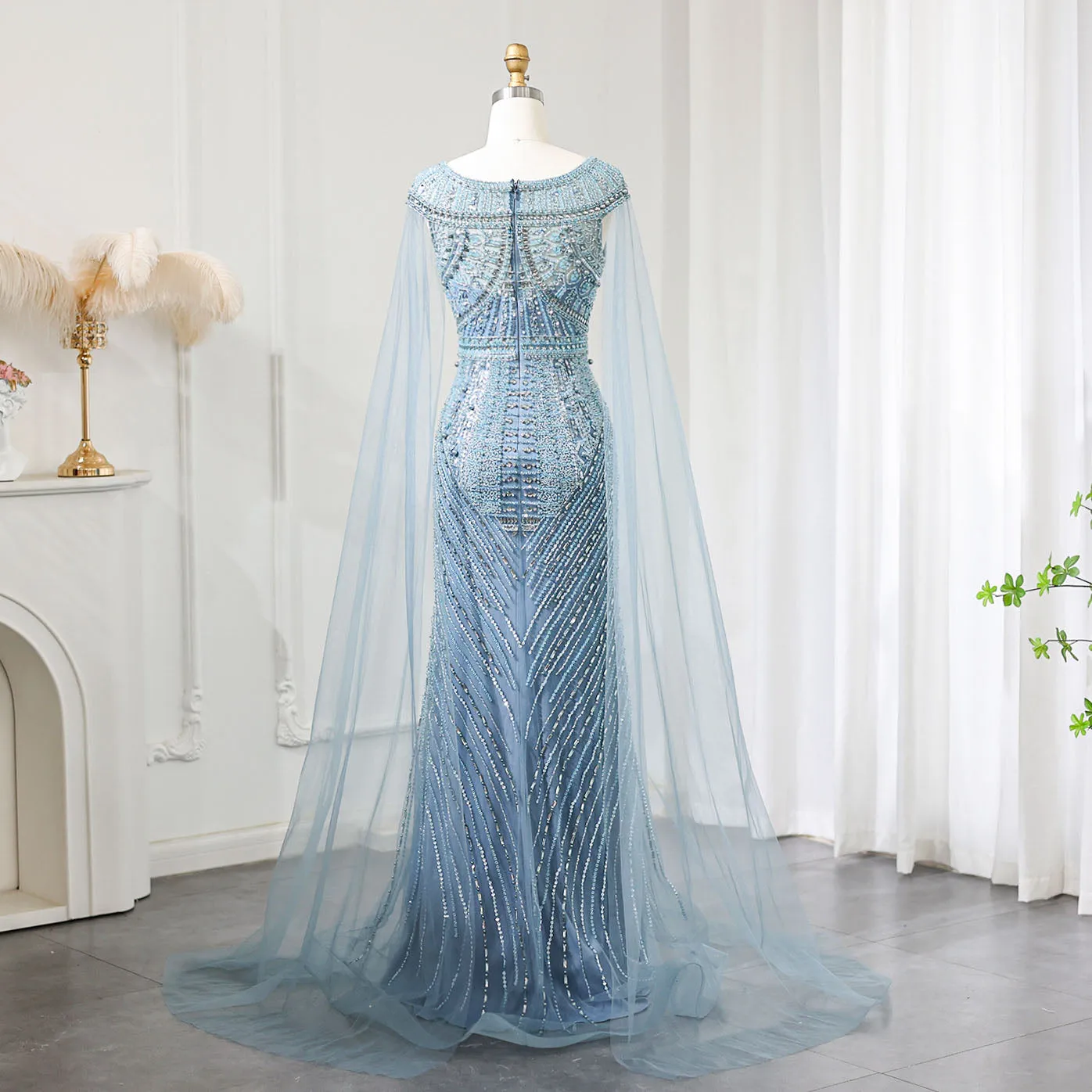 Luxury Beaded Blue Mermaid Evening Dress with Cape Sleeves SS195