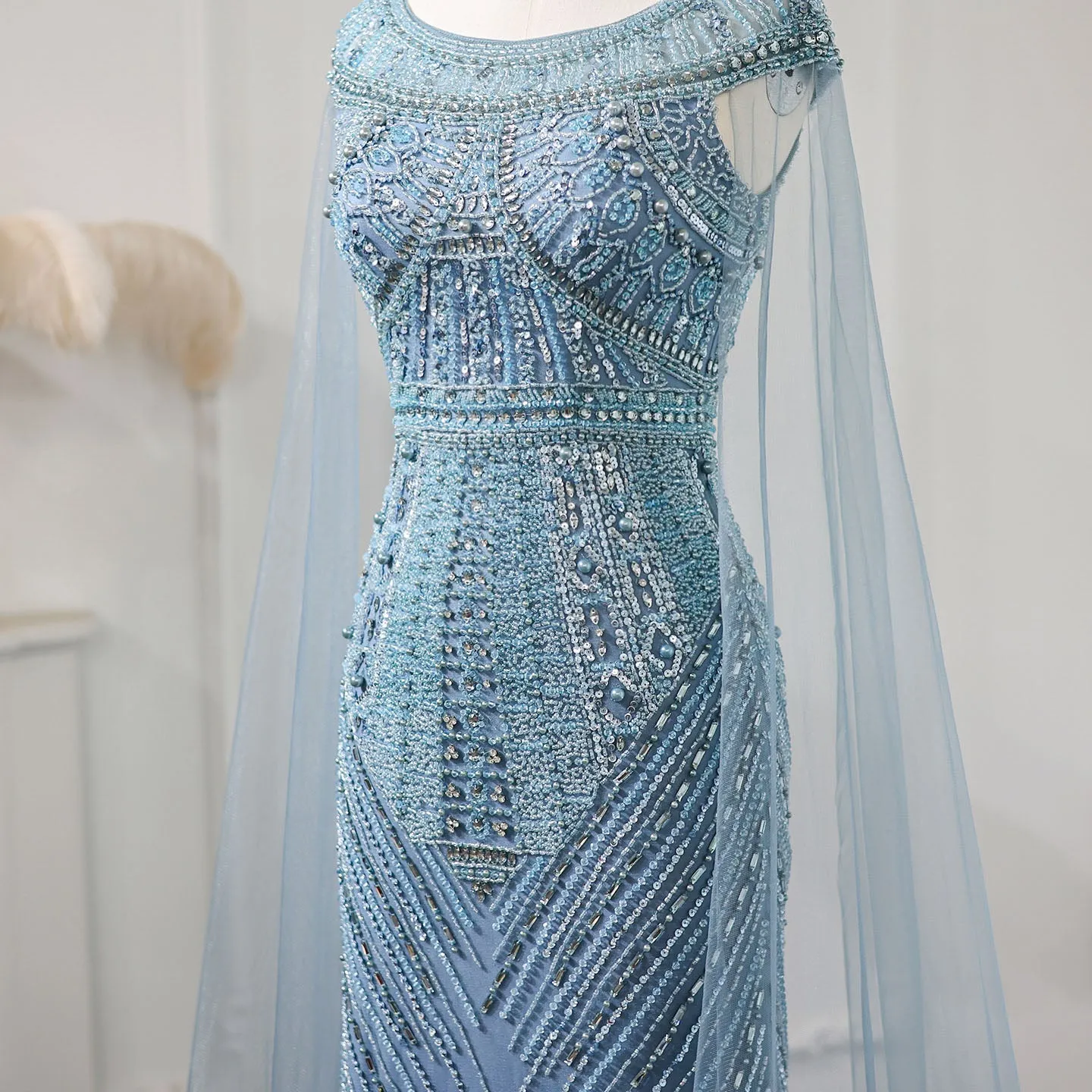 Luxury Beaded Blue Mermaid Evening Dress with Cape Sleeves SS195
