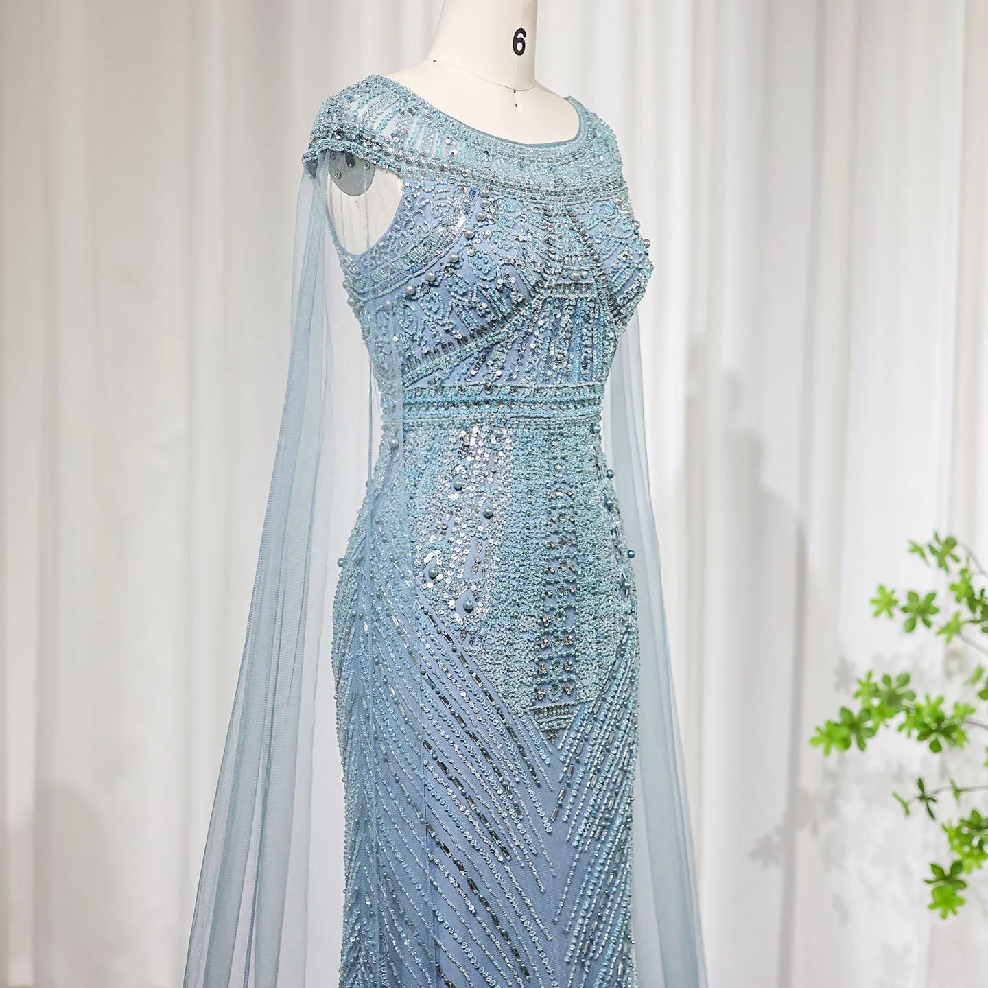 Luxury Beaded Blue Mermaid Evening Dress with Cape Sleeves SS195