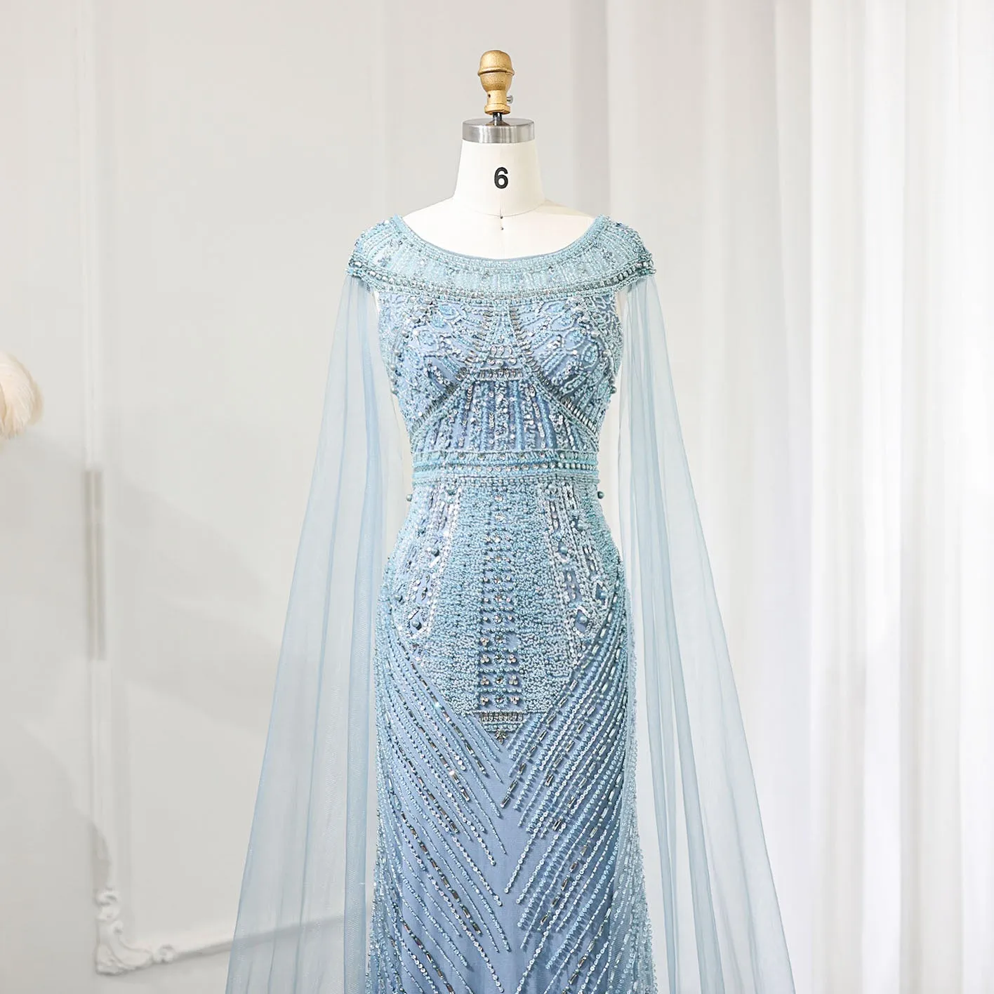 Luxury Beaded Blue Mermaid Evening Dress with Cape Sleeves SS195