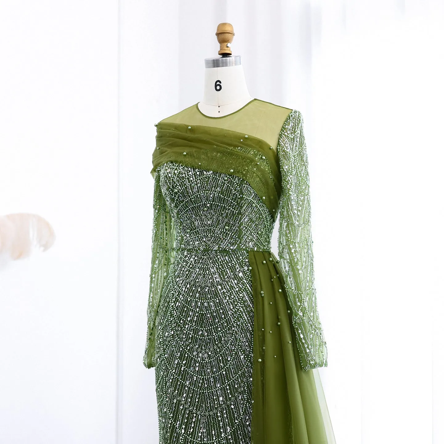 Luxury Beaded Champagne Long Sleeves Evening Dress SS259