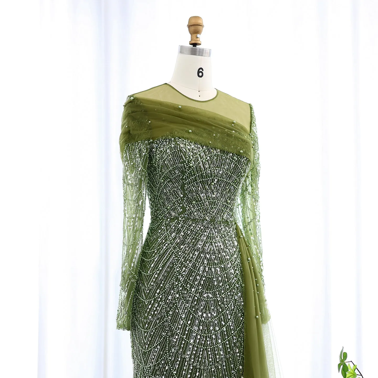 Luxury Beaded Champagne Long Sleeves Evening Dress SS259
