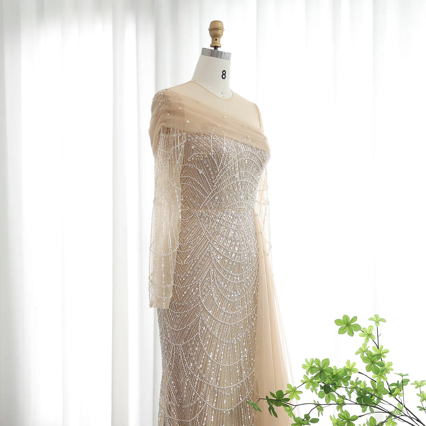 Luxury Beaded Champagne Long Sleeves Evening Dress SS259