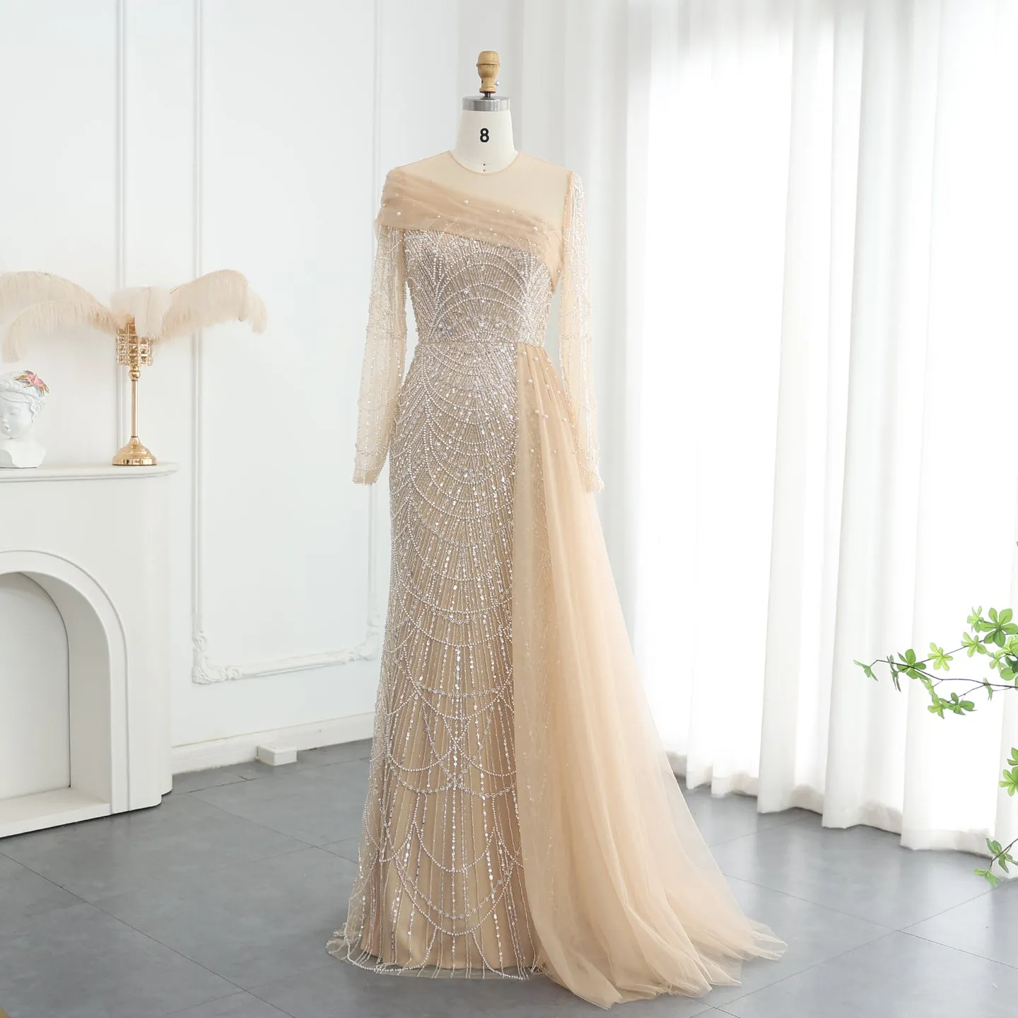 Luxury Beaded Champagne Long Sleeves Evening Dress SS259