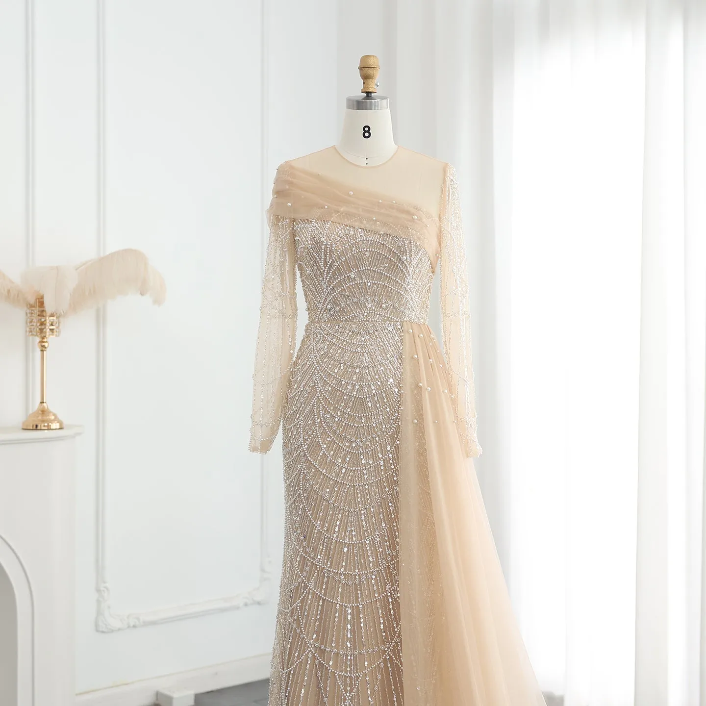 Luxury Beaded Champagne Long Sleeves Evening Dress SS259
