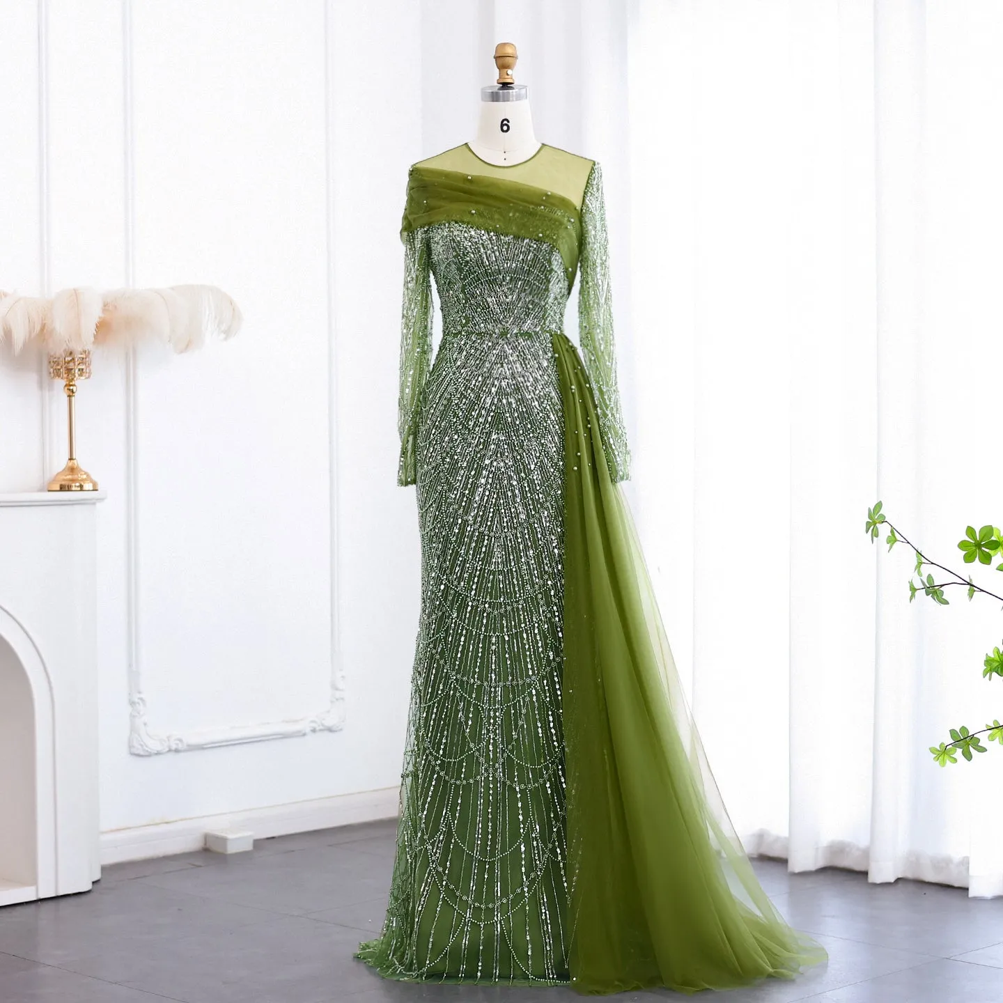 Luxury Beaded Champagne Long Sleeves Evening Dress SS259