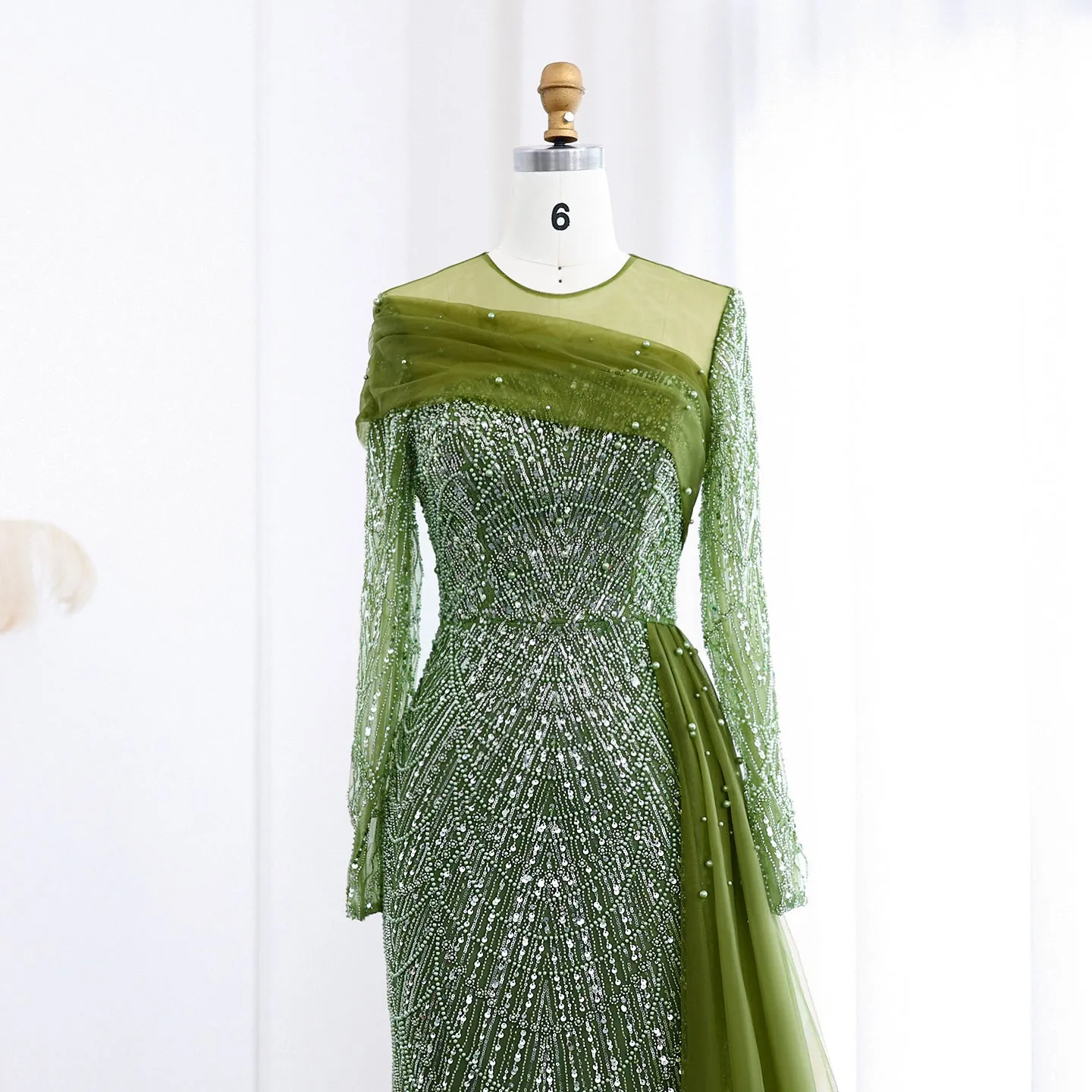 Luxury Beaded Champagne Long Sleeves Evening Dress SS259