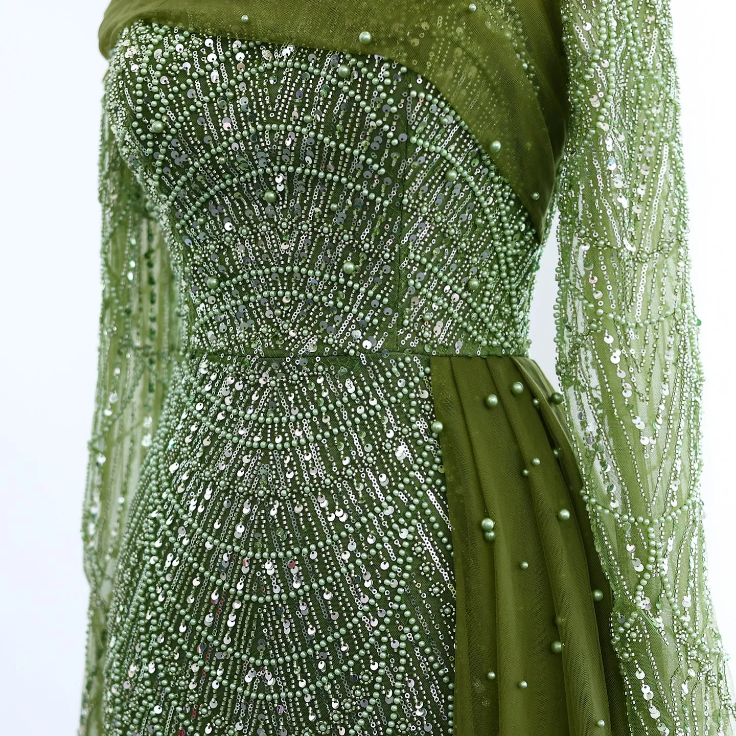 Luxury Beaded Champagne Long Sleeves Evening Dress SS259