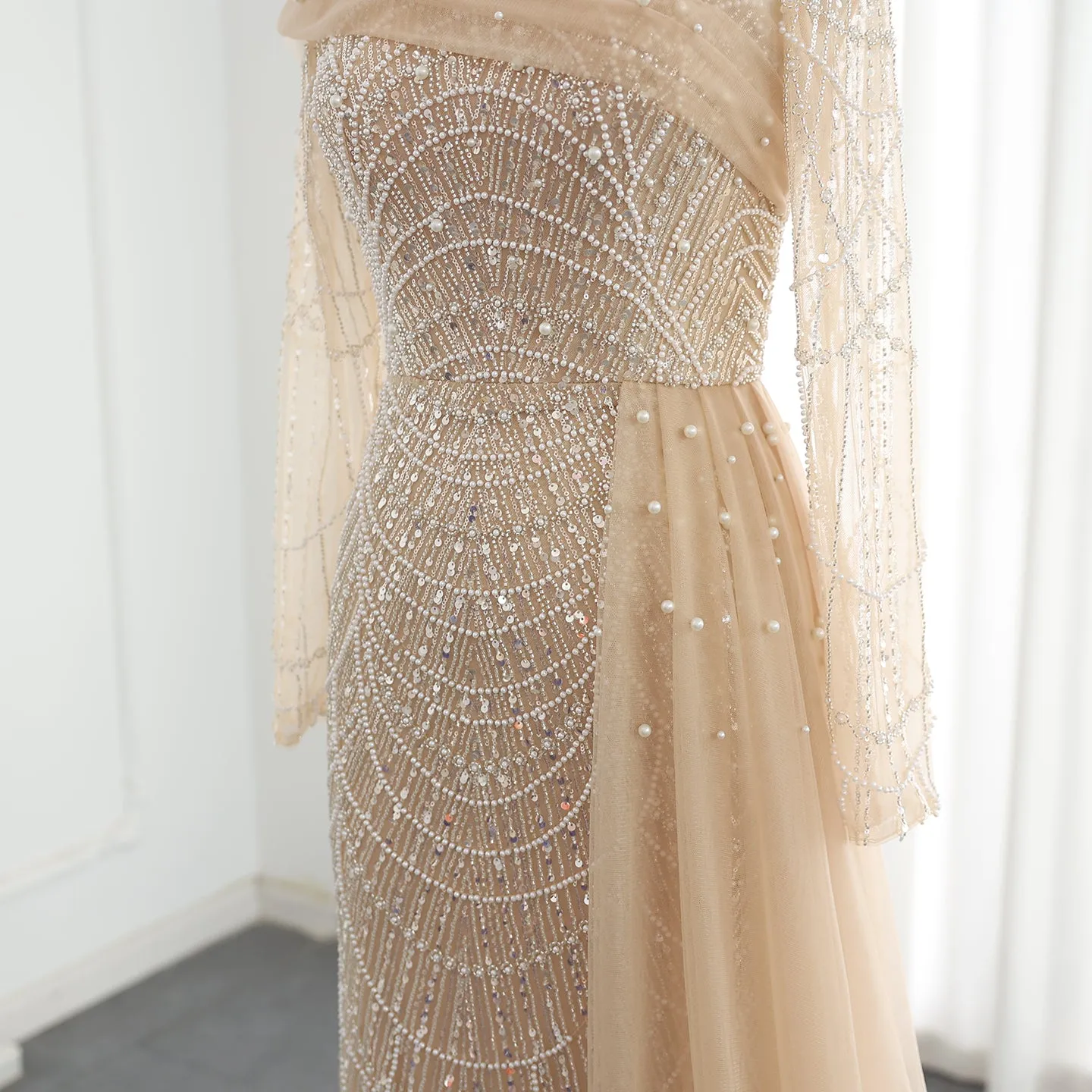 Luxury Beaded Champagne Long Sleeves Evening Dress SS259