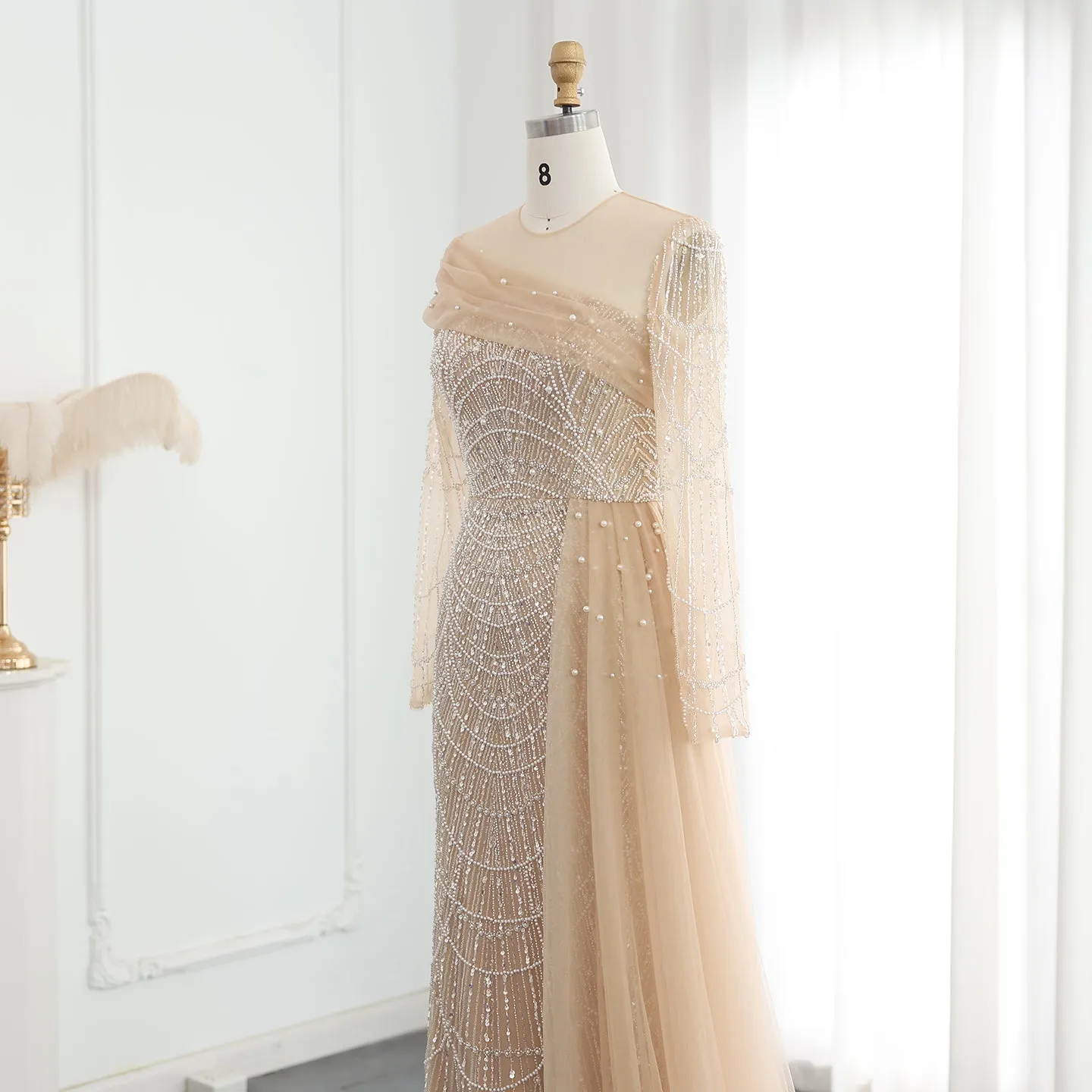 Luxury Beaded Champagne Long Sleeves Evening Dress SS259