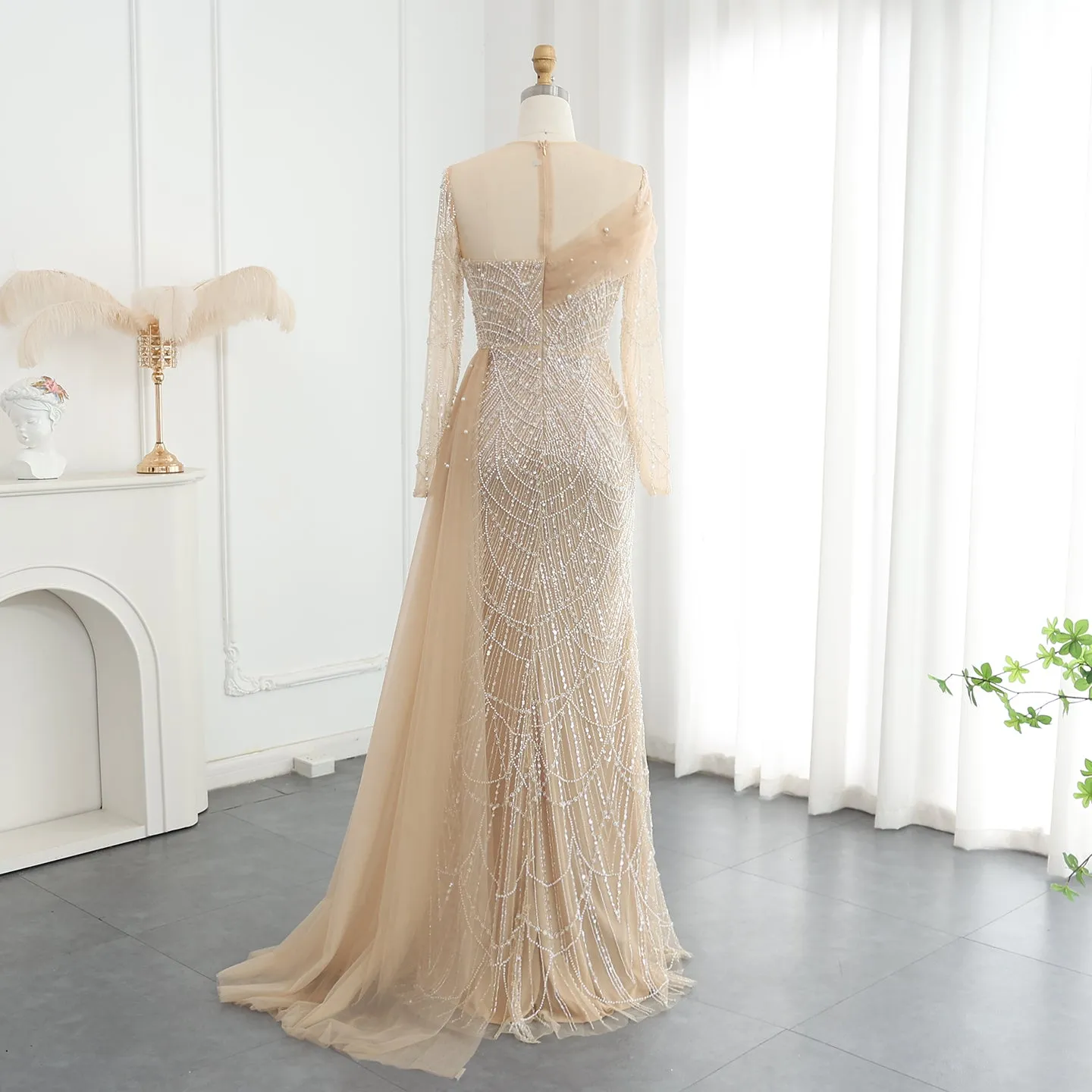 Luxury Beaded Champagne Long Sleeves Evening Dress SS259