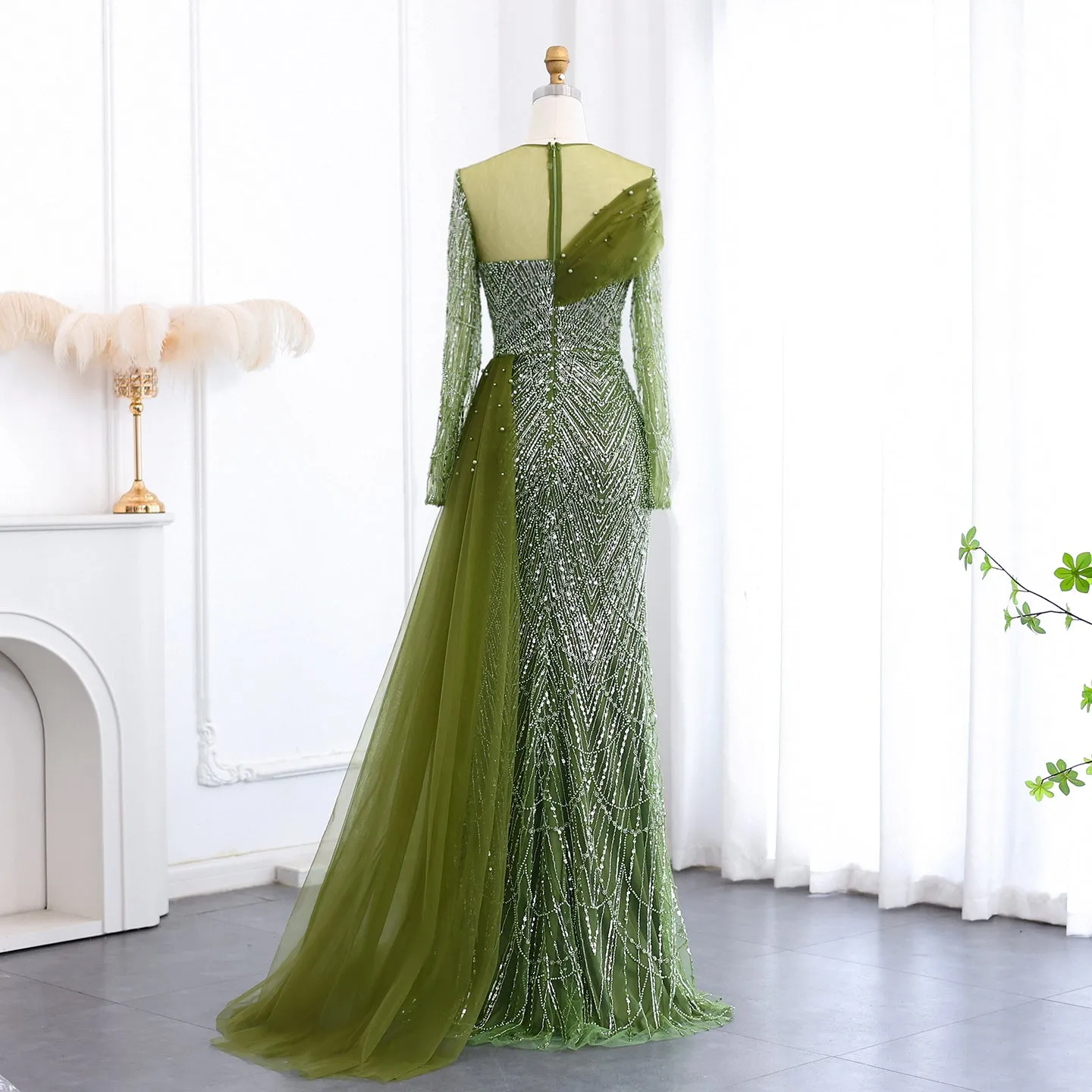 Luxury Beaded Champagne Long Sleeves Evening Dress SS259