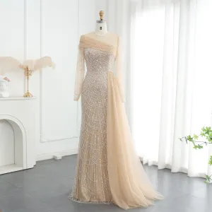 Luxury Beaded Champagne Long Sleeves Evening Dress SS259