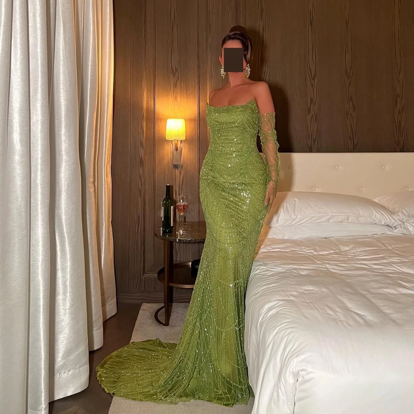 Luxury Beaded Green Mermaid Evening Dress with Gloves SS306