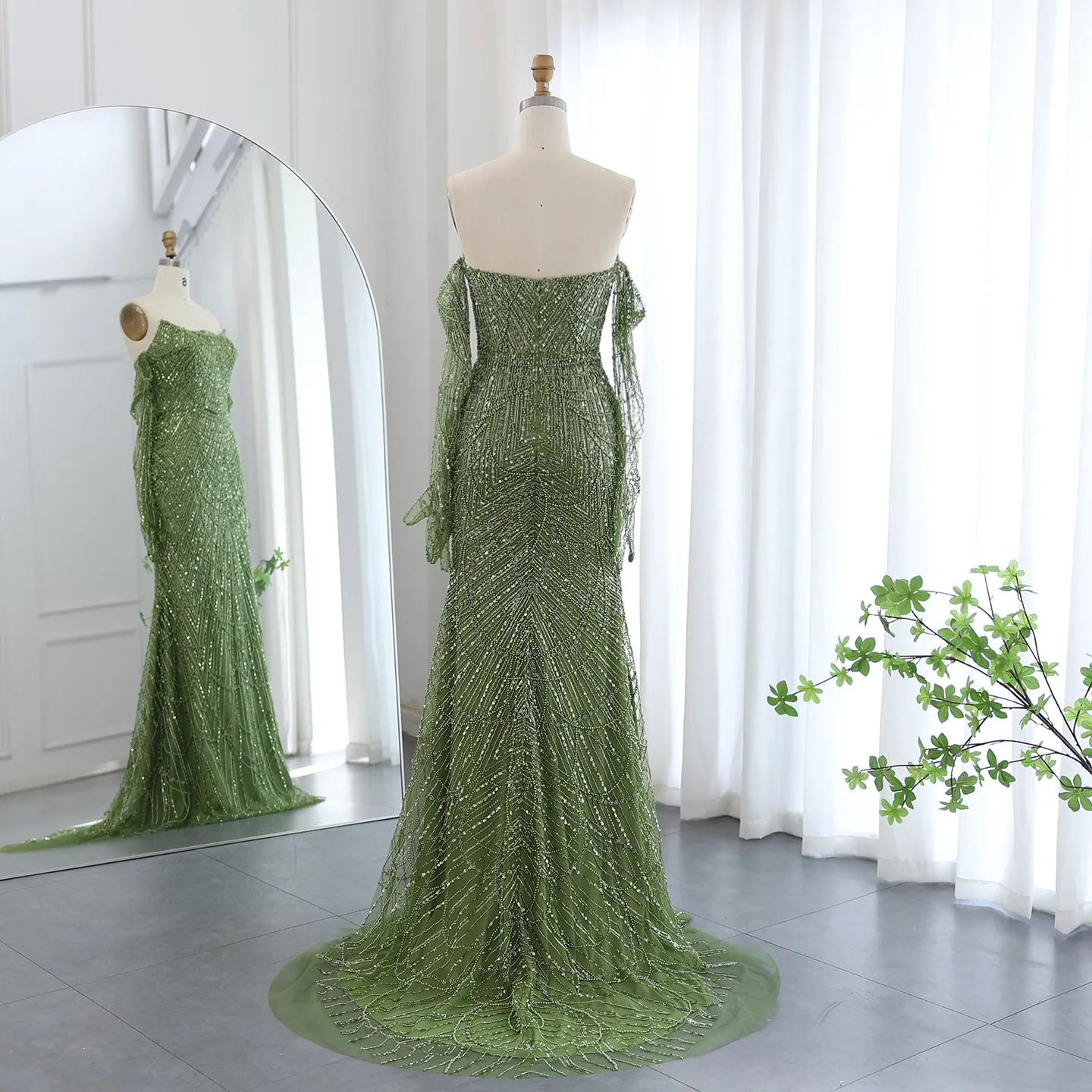 Luxury Beaded Green Mermaid Evening Dress with Gloves SS306