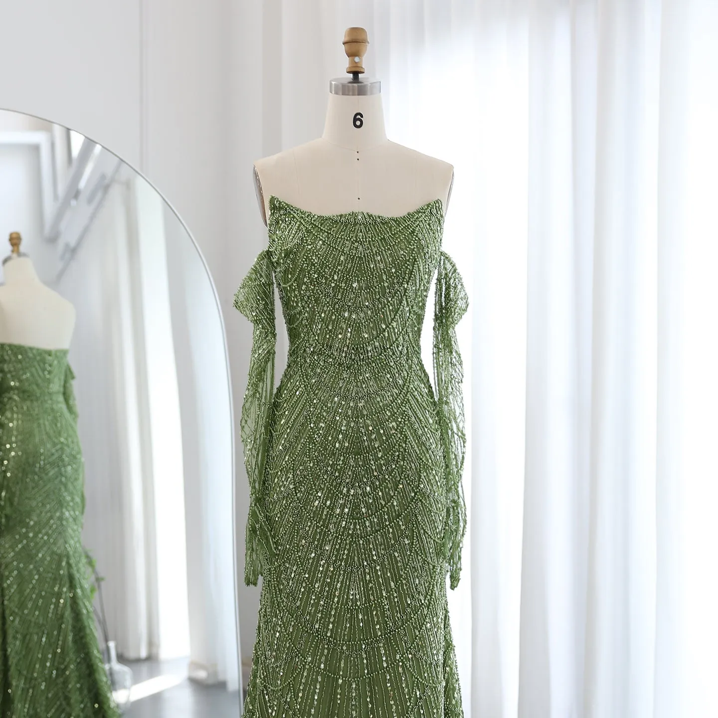 Luxury Beaded Green Mermaid Evening Dress with Gloves SS306