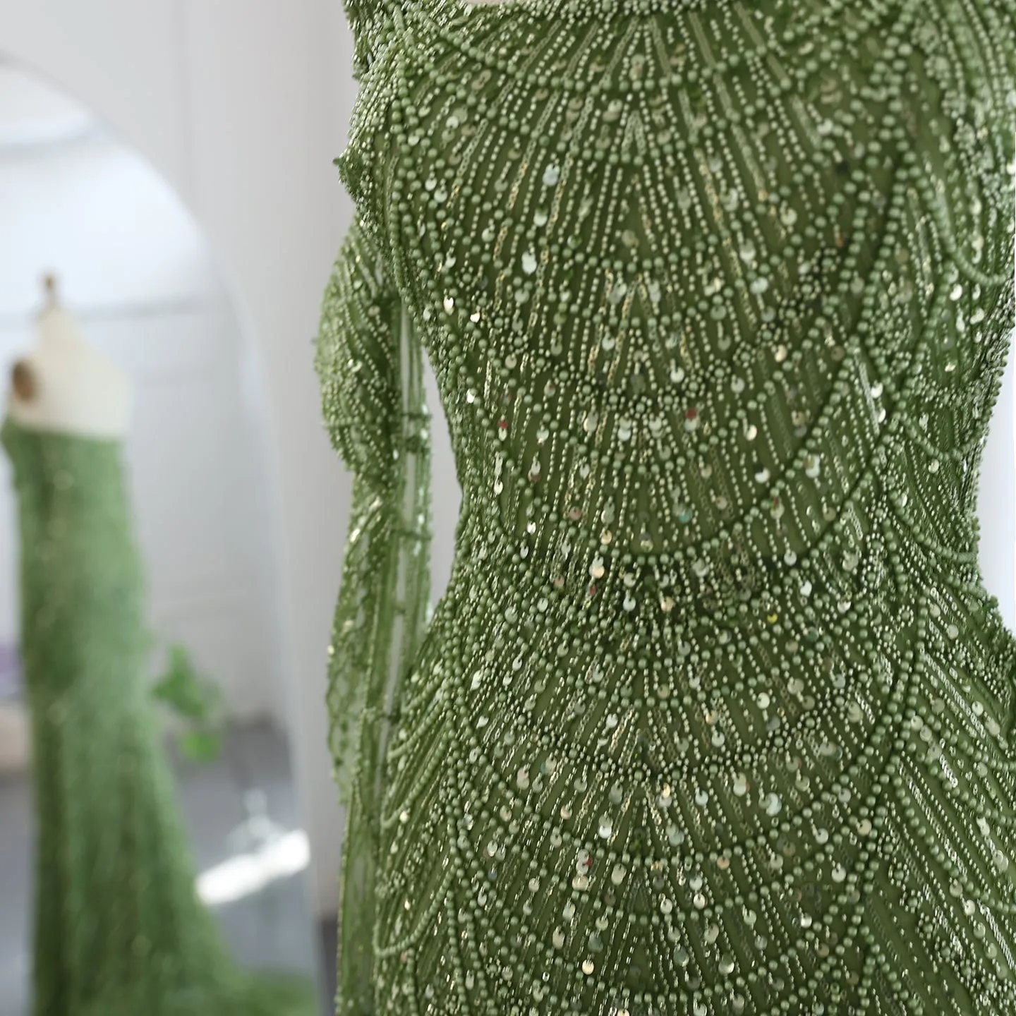 Luxury Beaded Green Mermaid Evening Dress with Gloves SS306