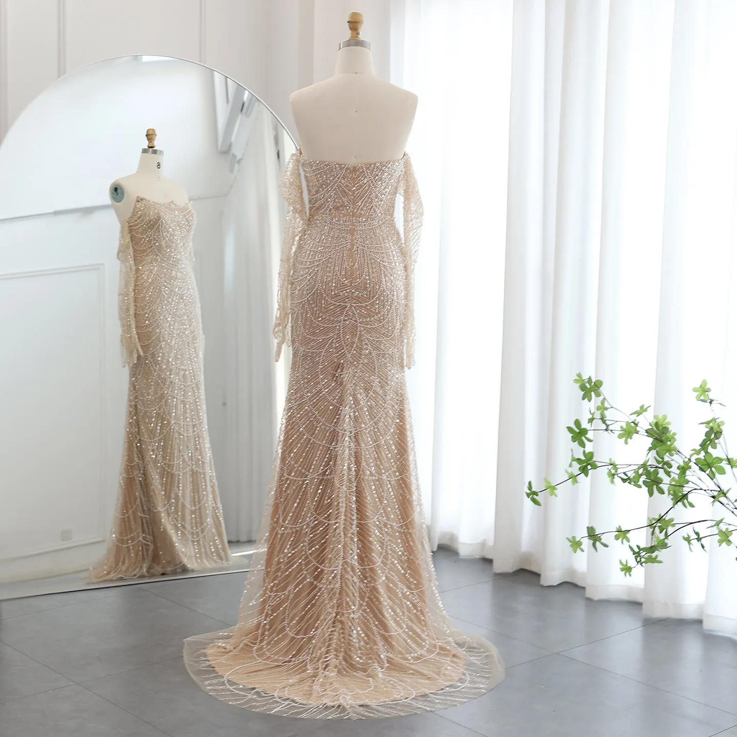 Luxury Beaded Green Mermaid Evening Dress with Gloves SS306