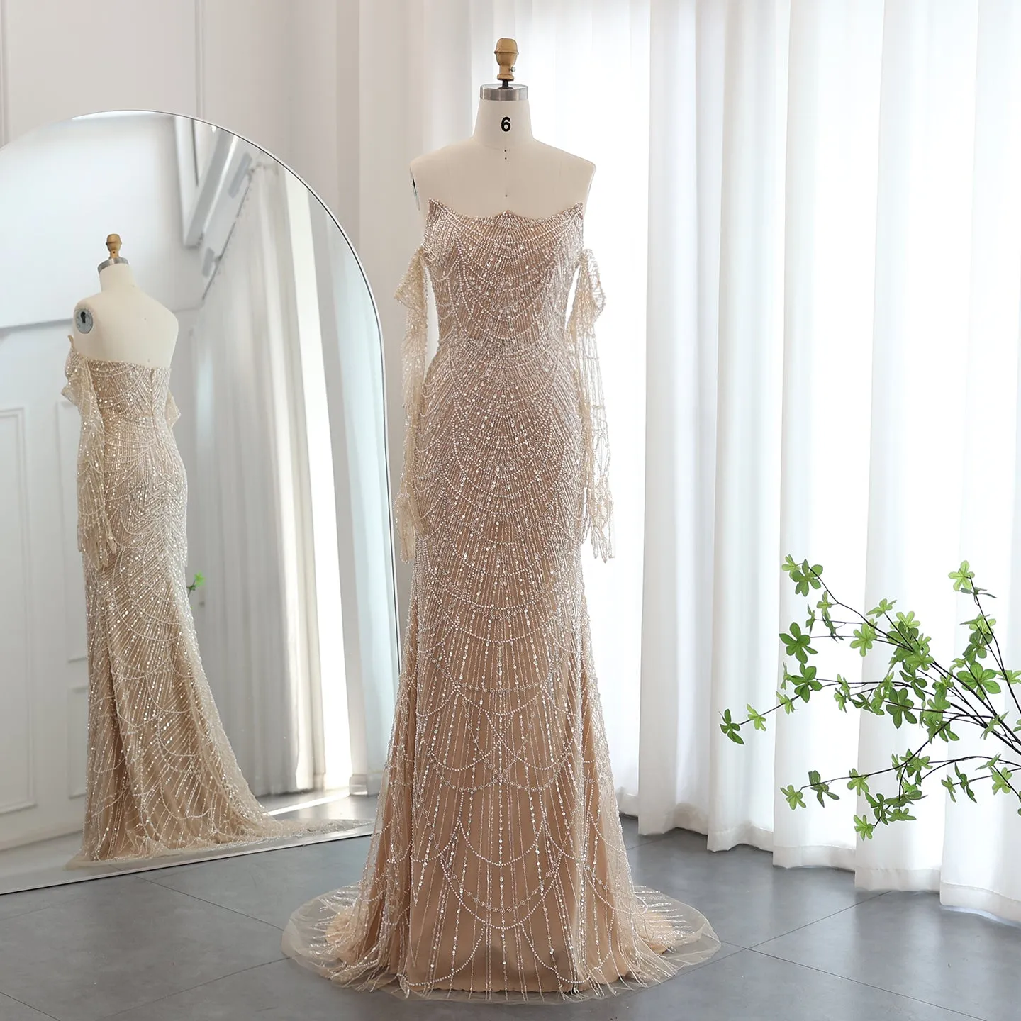Luxury Beaded Green Mermaid Evening Dress with Gloves SS306