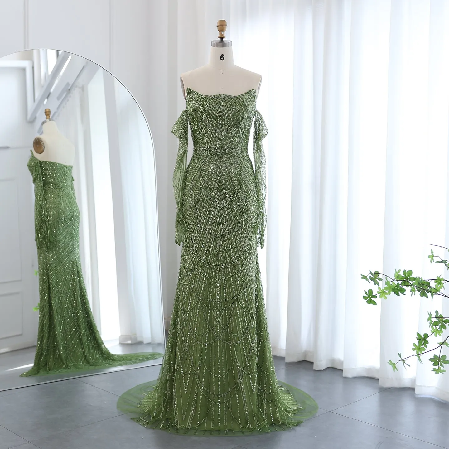 Luxury Beaded Green Mermaid Evening Dress with Gloves SS306