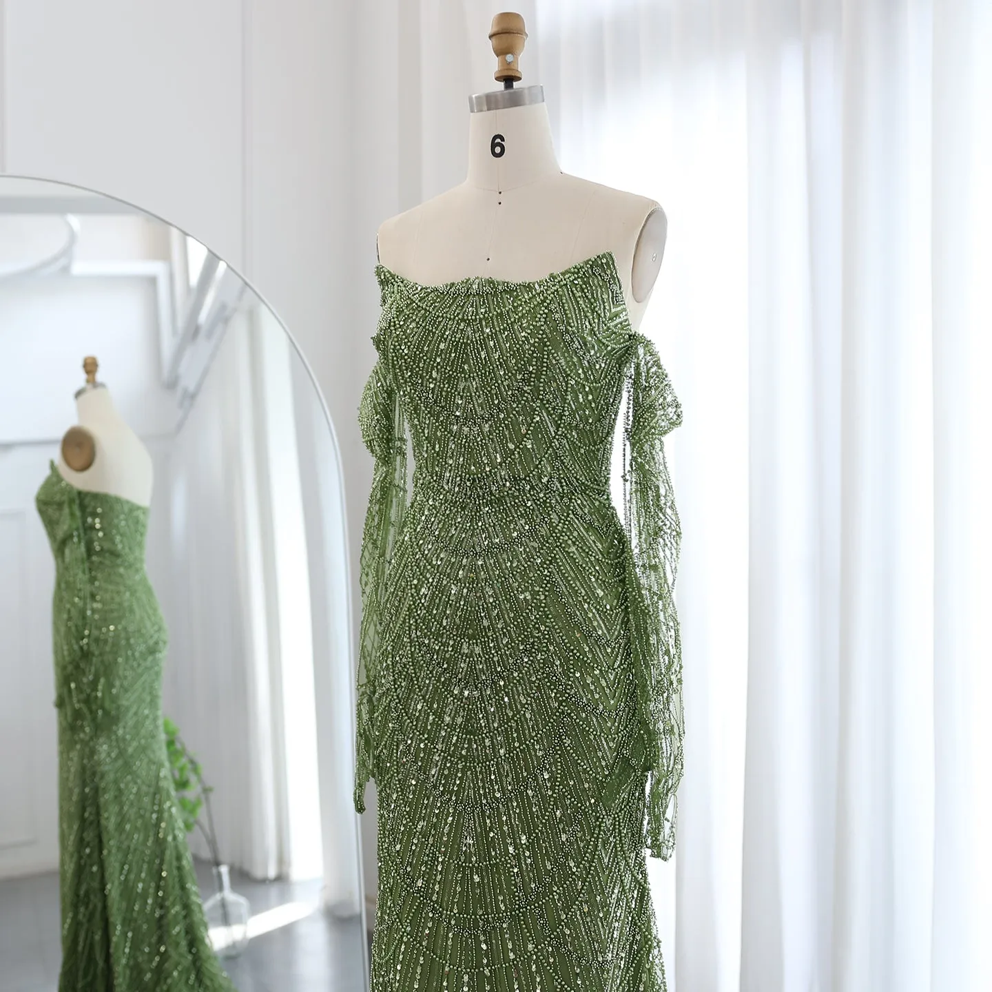 Luxury Beaded Green Mermaid Evening Dress with Gloves SS306