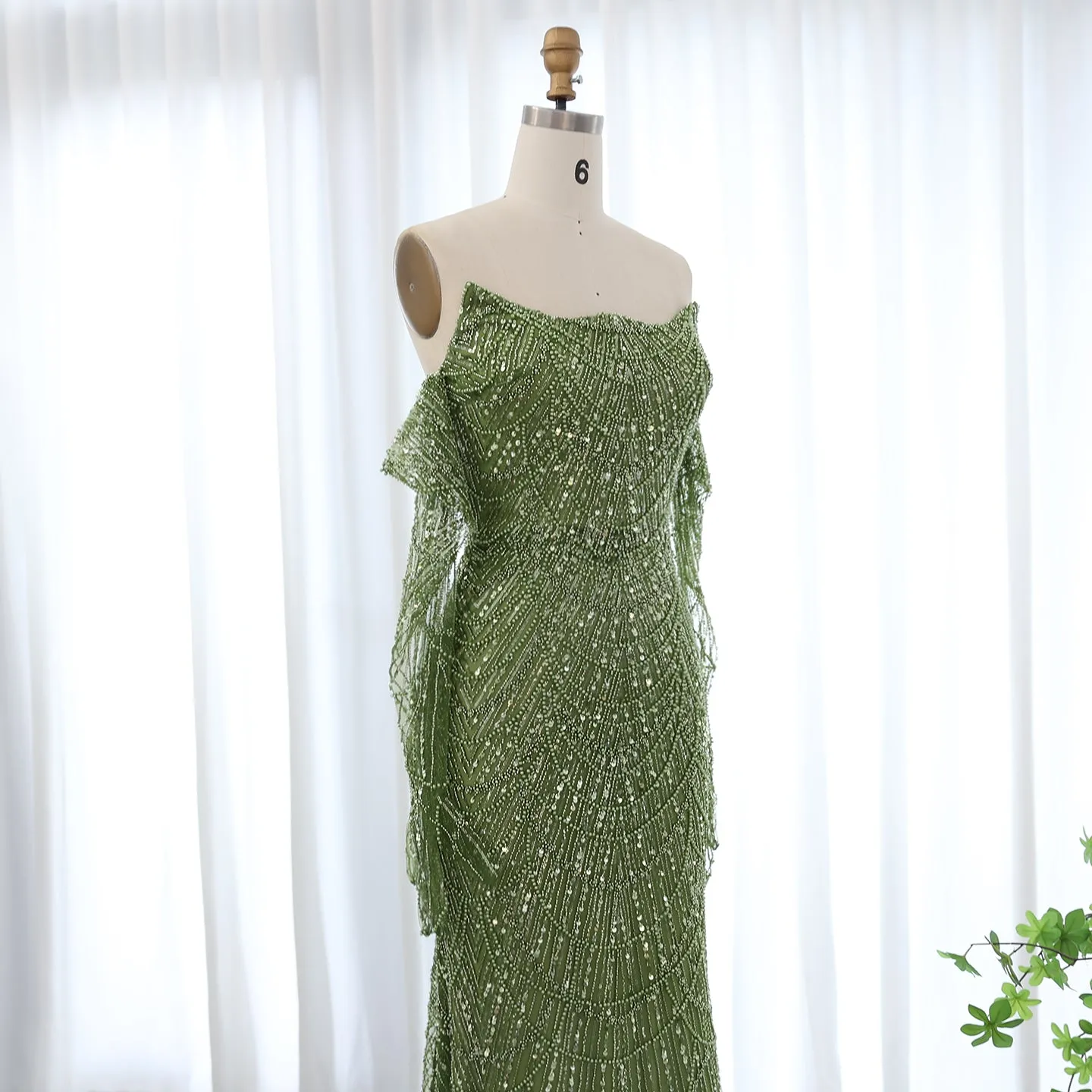Luxury Beaded Green Mermaid Evening Dress with Gloves SS306
