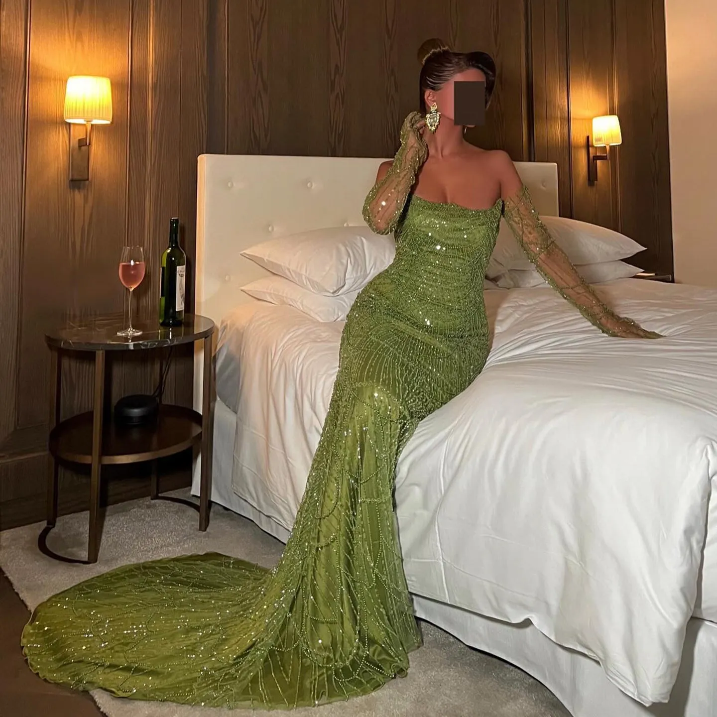Luxury Beaded Green Mermaid Evening Dress with Gloves SS306