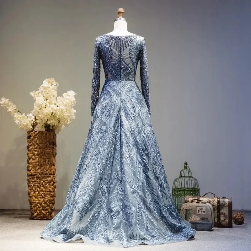 Luxury Blue Long Sleeve Evening Dress SS063