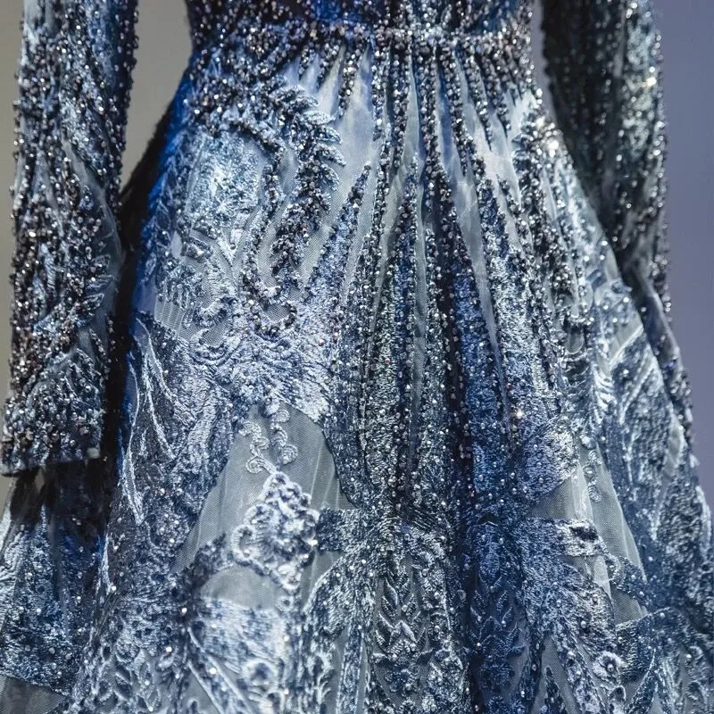 Luxury Blue Long Sleeve Evening Dress SS063