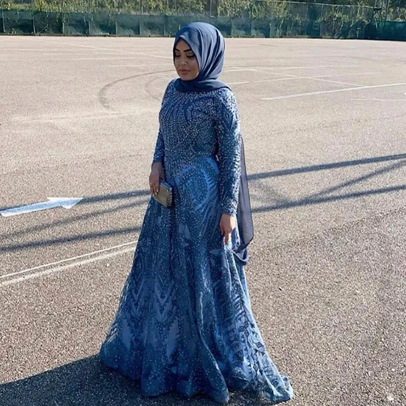 Luxury Blue Long Sleeve Evening Dress SS063