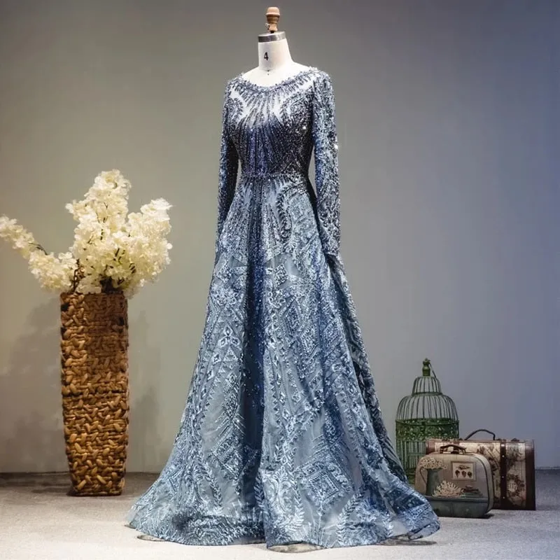 Luxury Blue Long Sleeve Evening Dress SS063