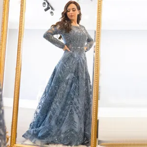 Luxury Blue Long Sleeve Evening Dress SS063