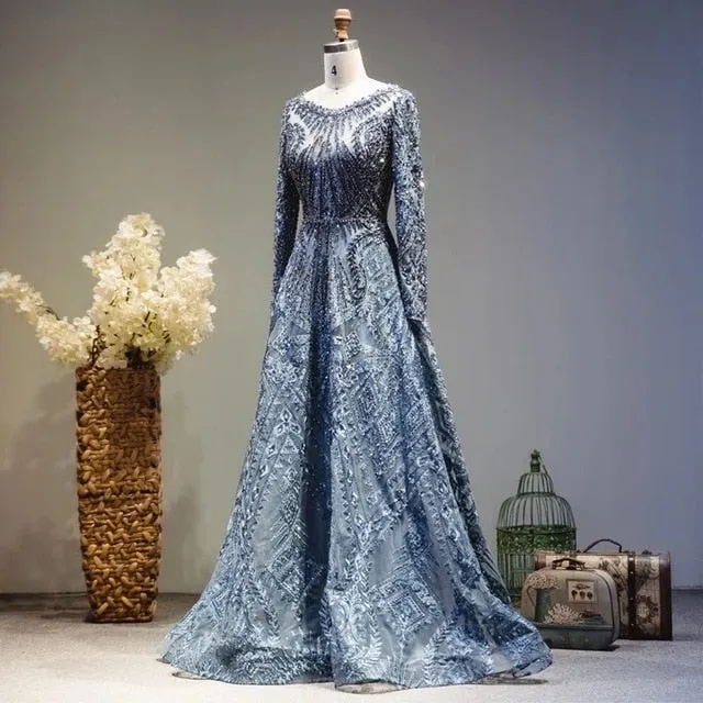 Luxury Blue Long Sleeve Evening Dress SS063