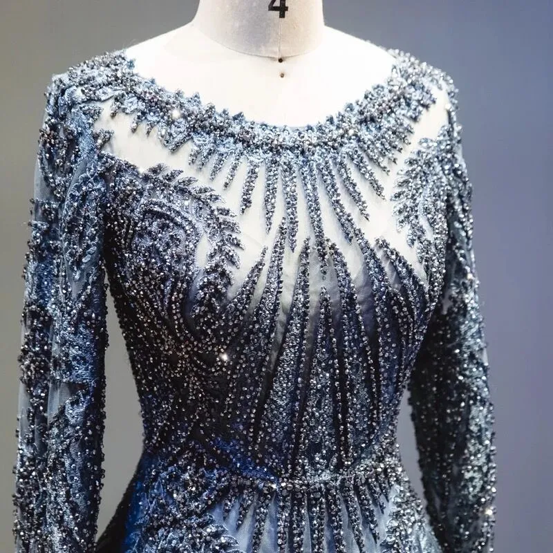 Luxury Blue Long Sleeve Evening Dress SS063