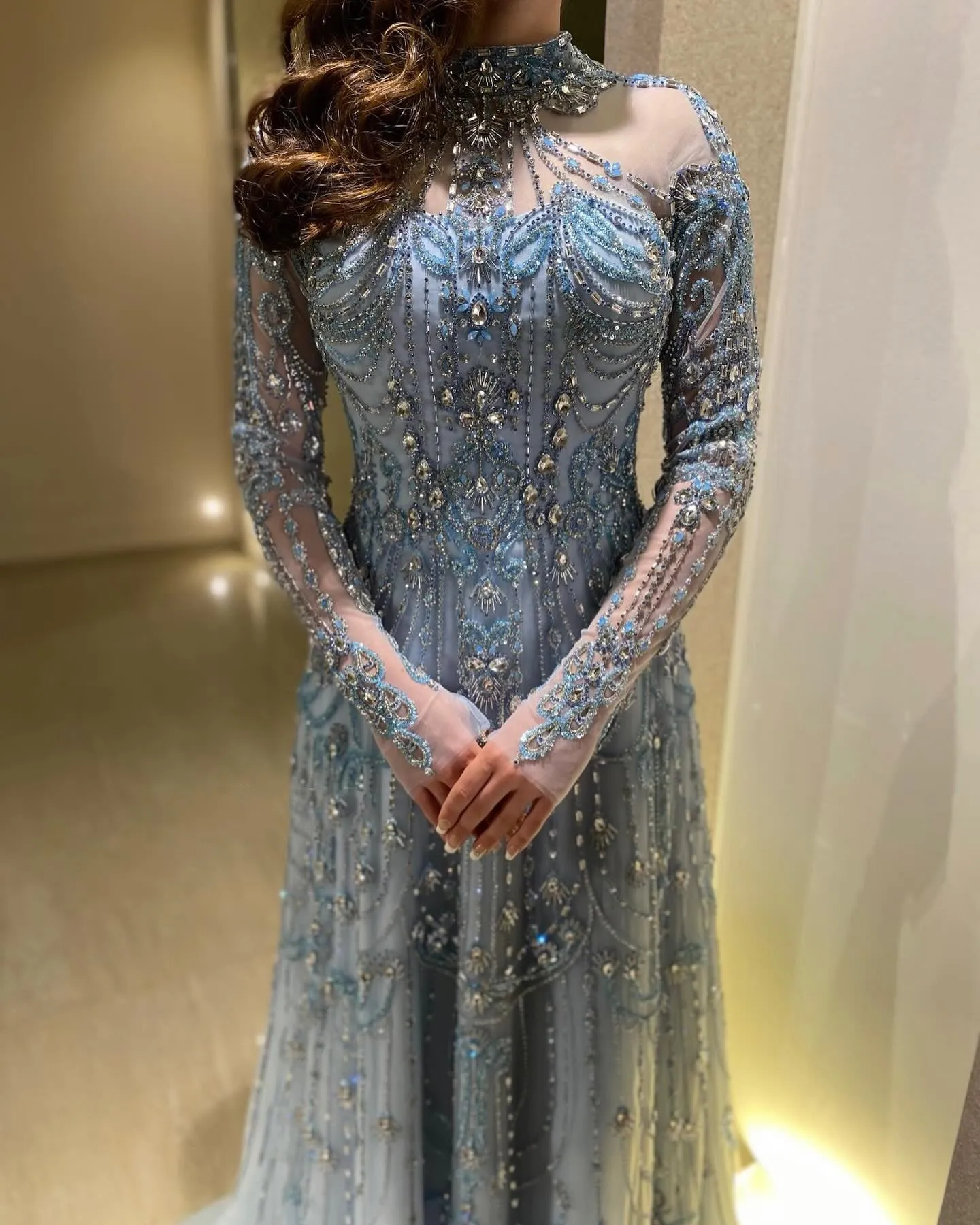 Luxury Blue Long Sleeves High Neck Evening Dress SS587
