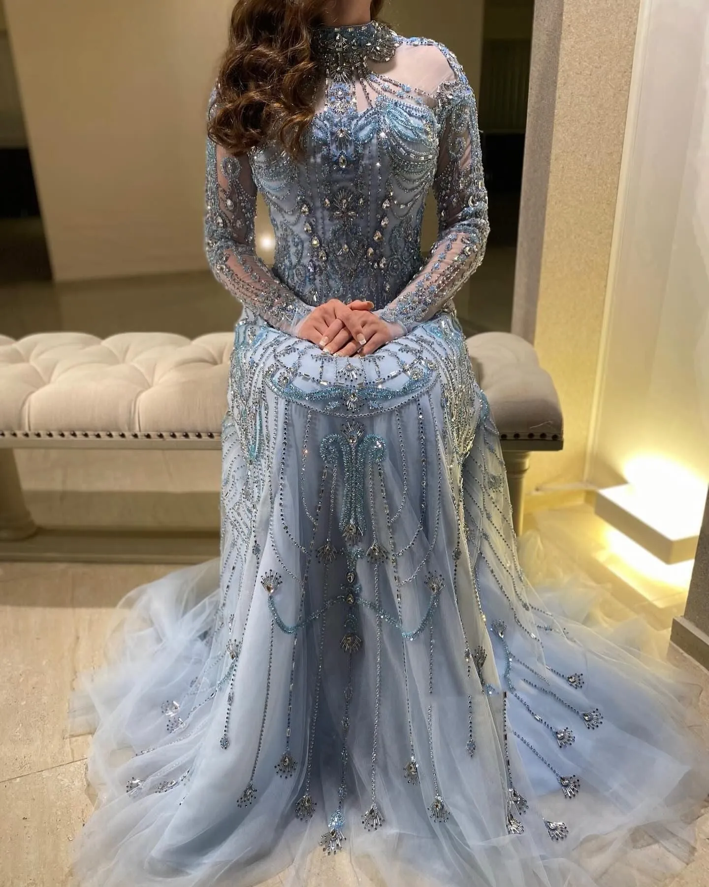 Luxury Blue Long Sleeves High Neck Evening Dress SS587
