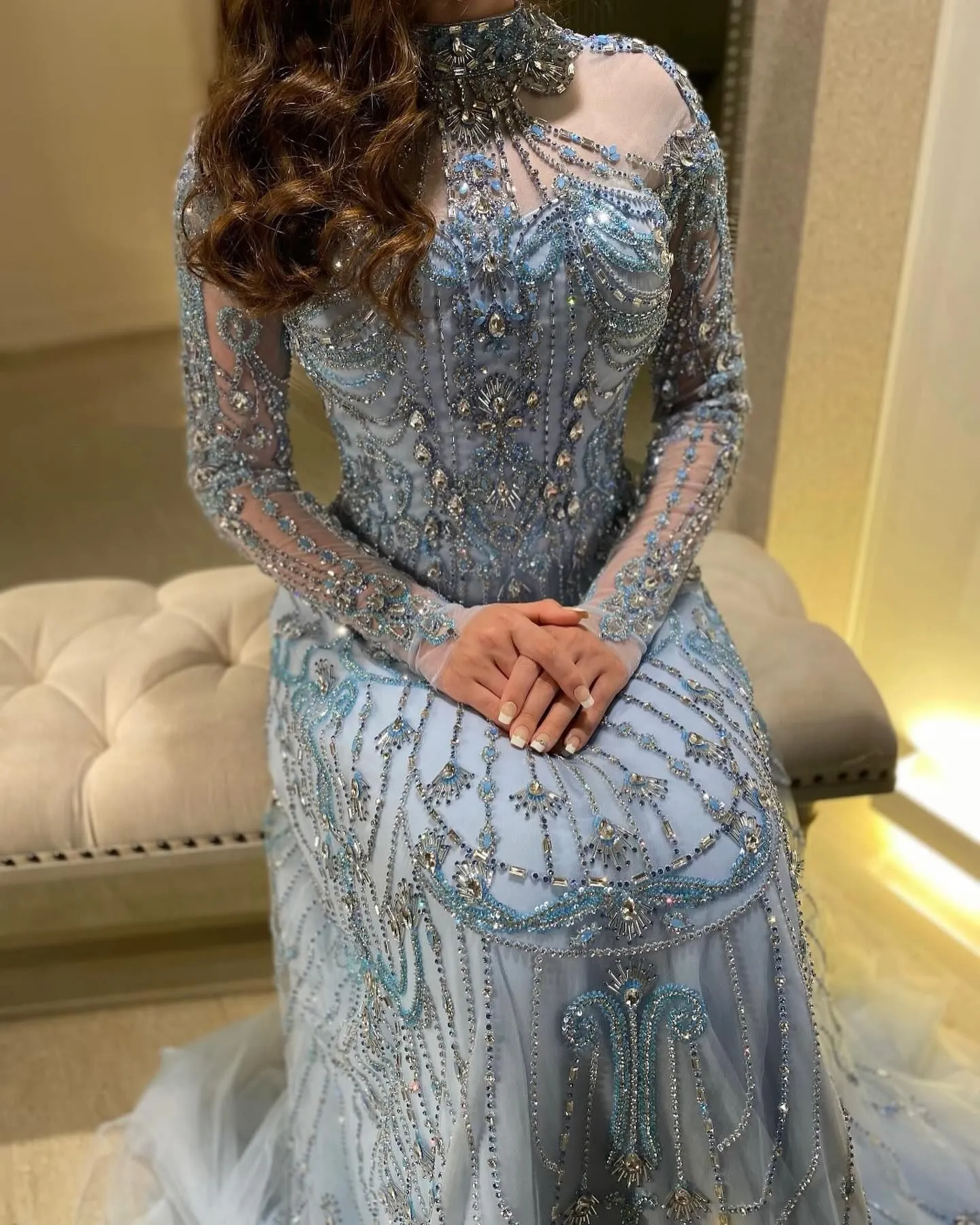 Luxury Blue Long Sleeves High Neck Evening Dress SS587
